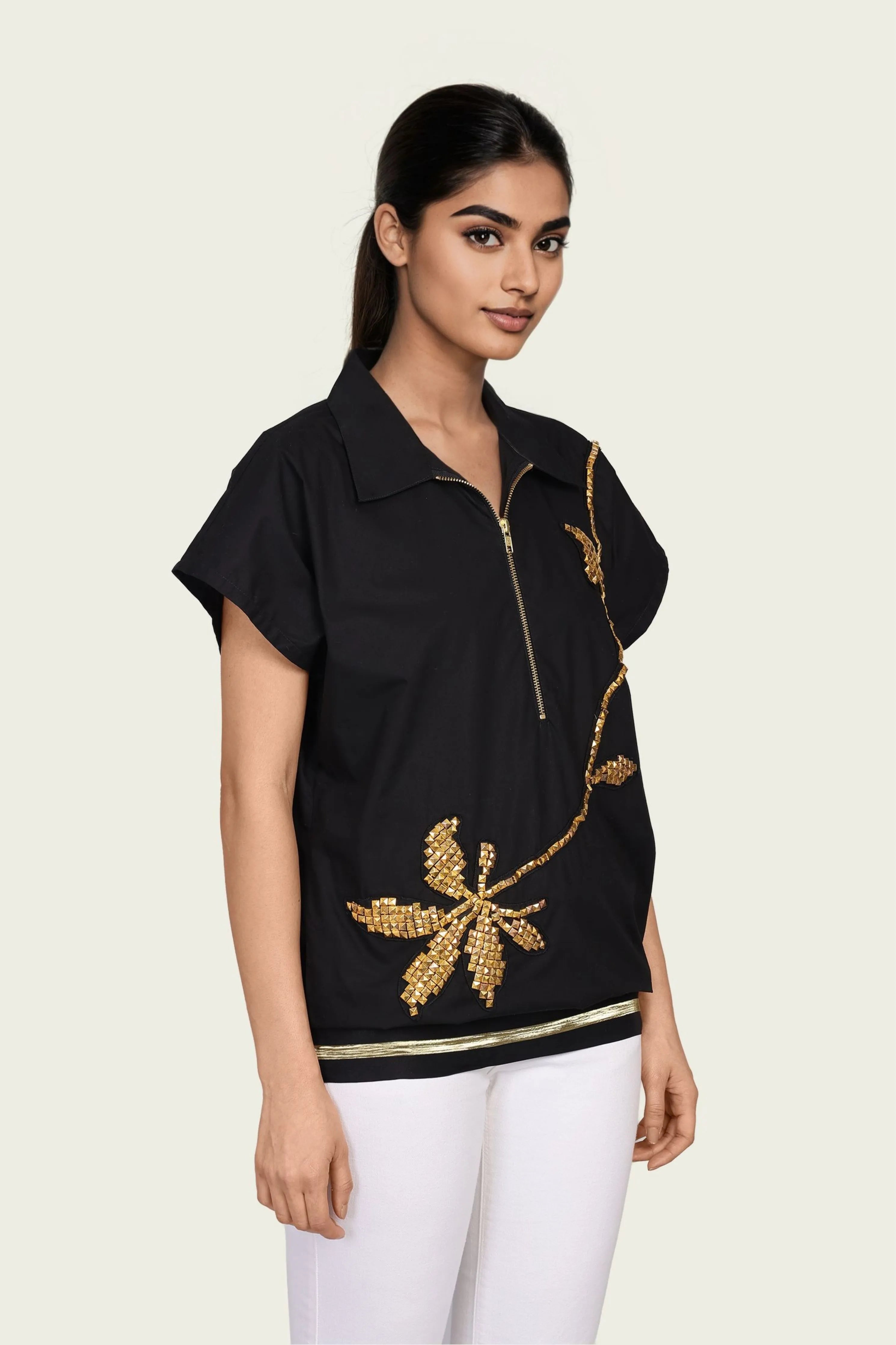 Black Cotton Bomber Shirt with Embroidery