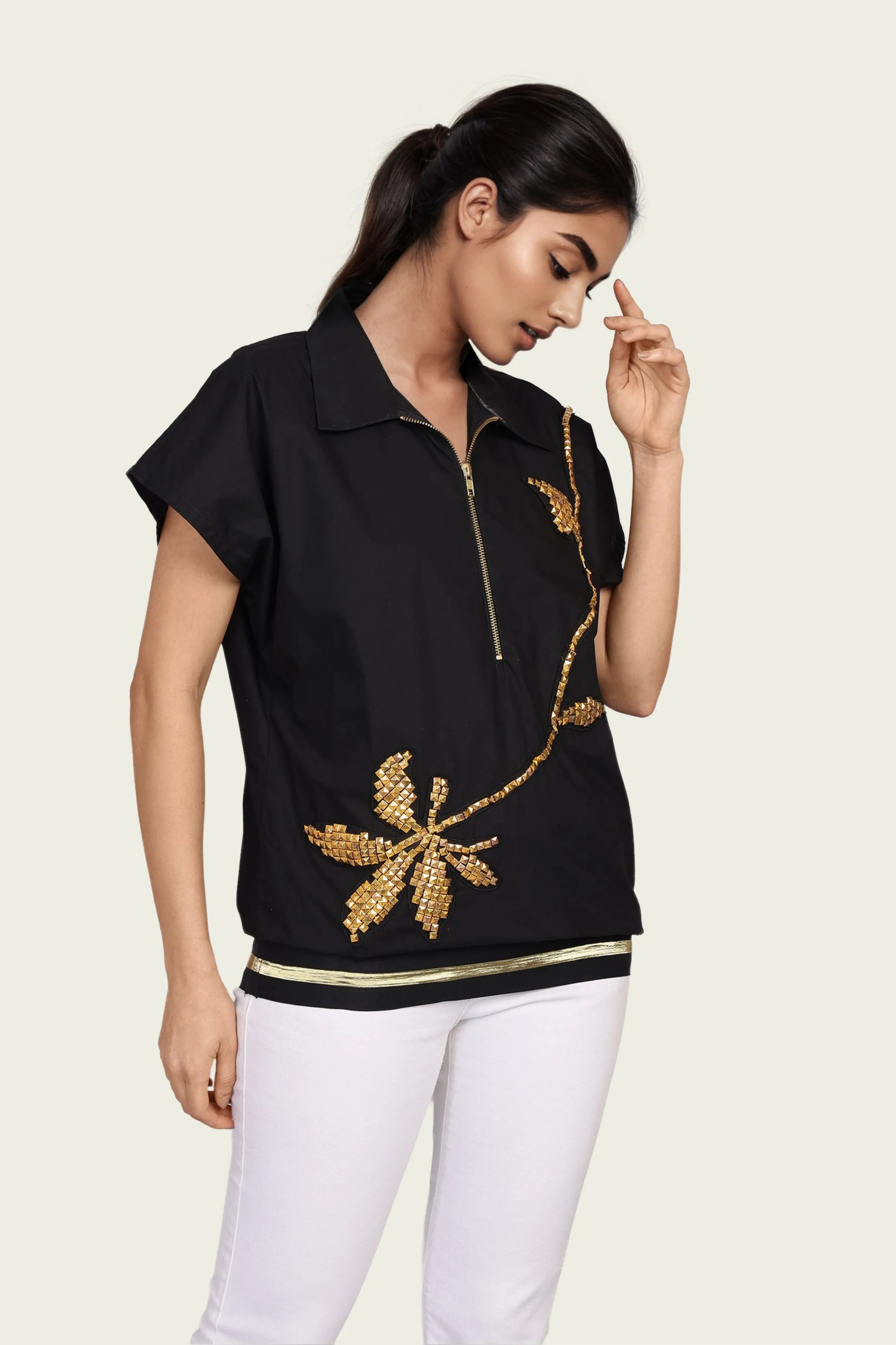 Black Cotton Bomber Shirt with Embroidery