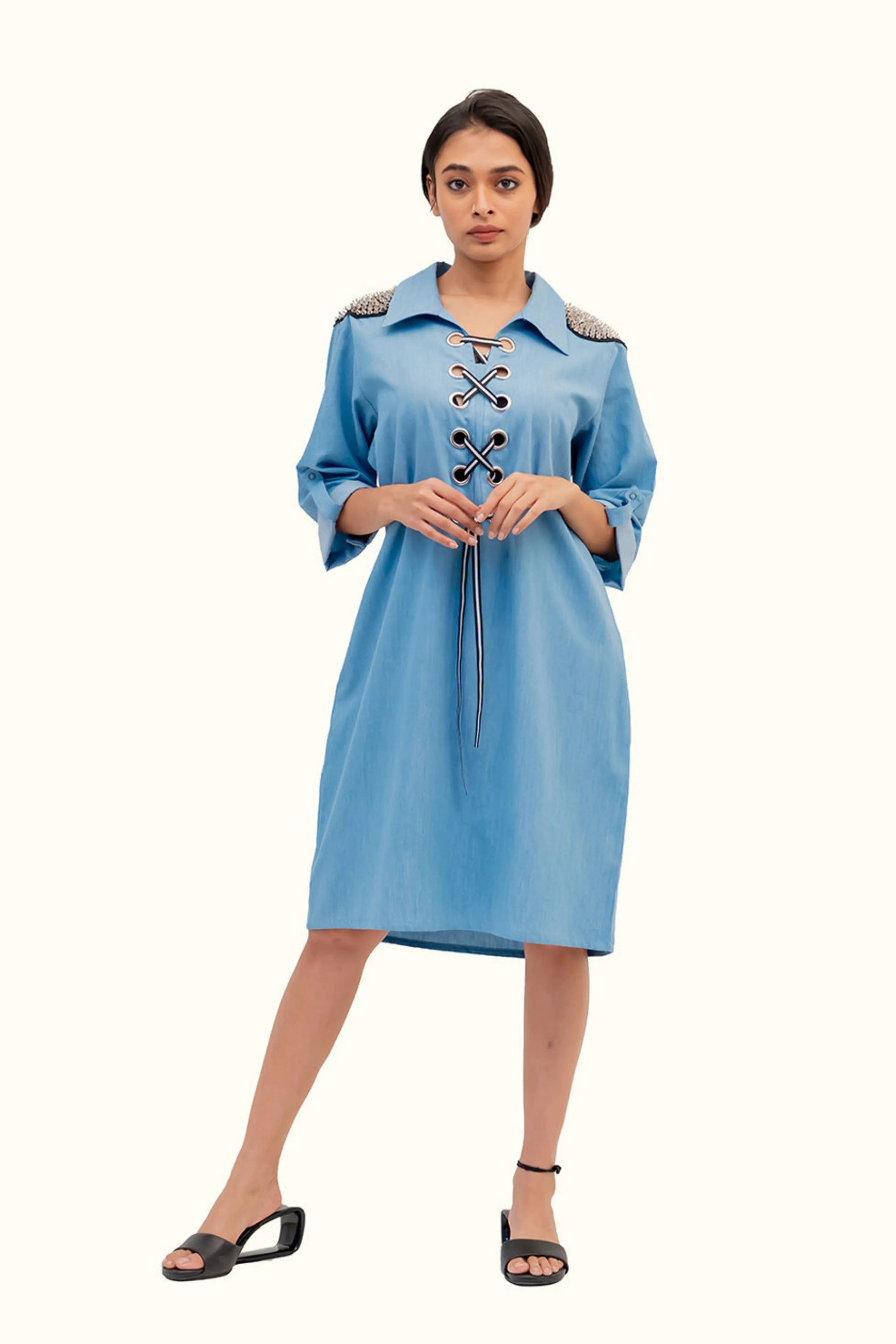 Blue Cotton Denim Dress With Embroidery