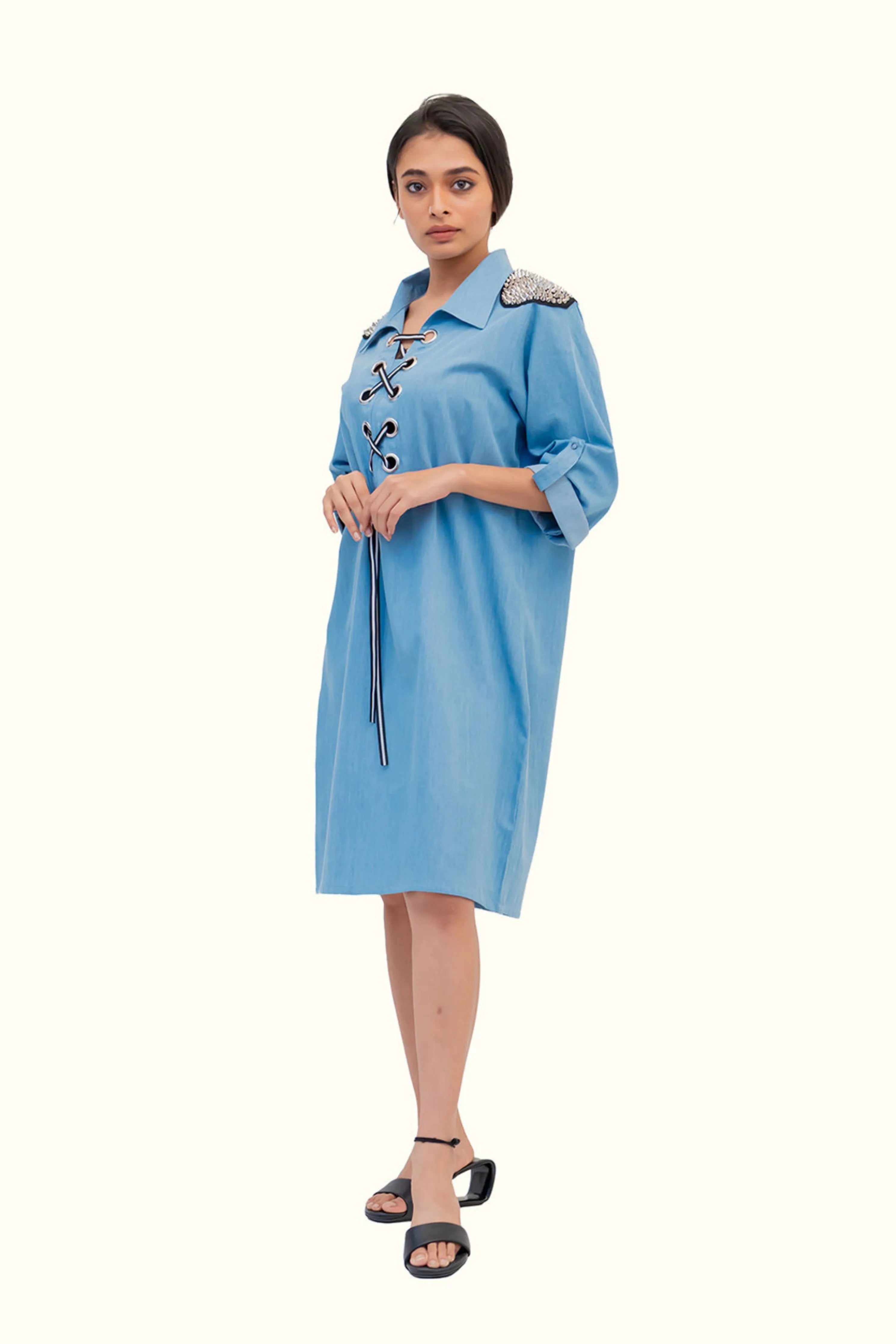 Blue Cotton Denim Dress With Embroidery