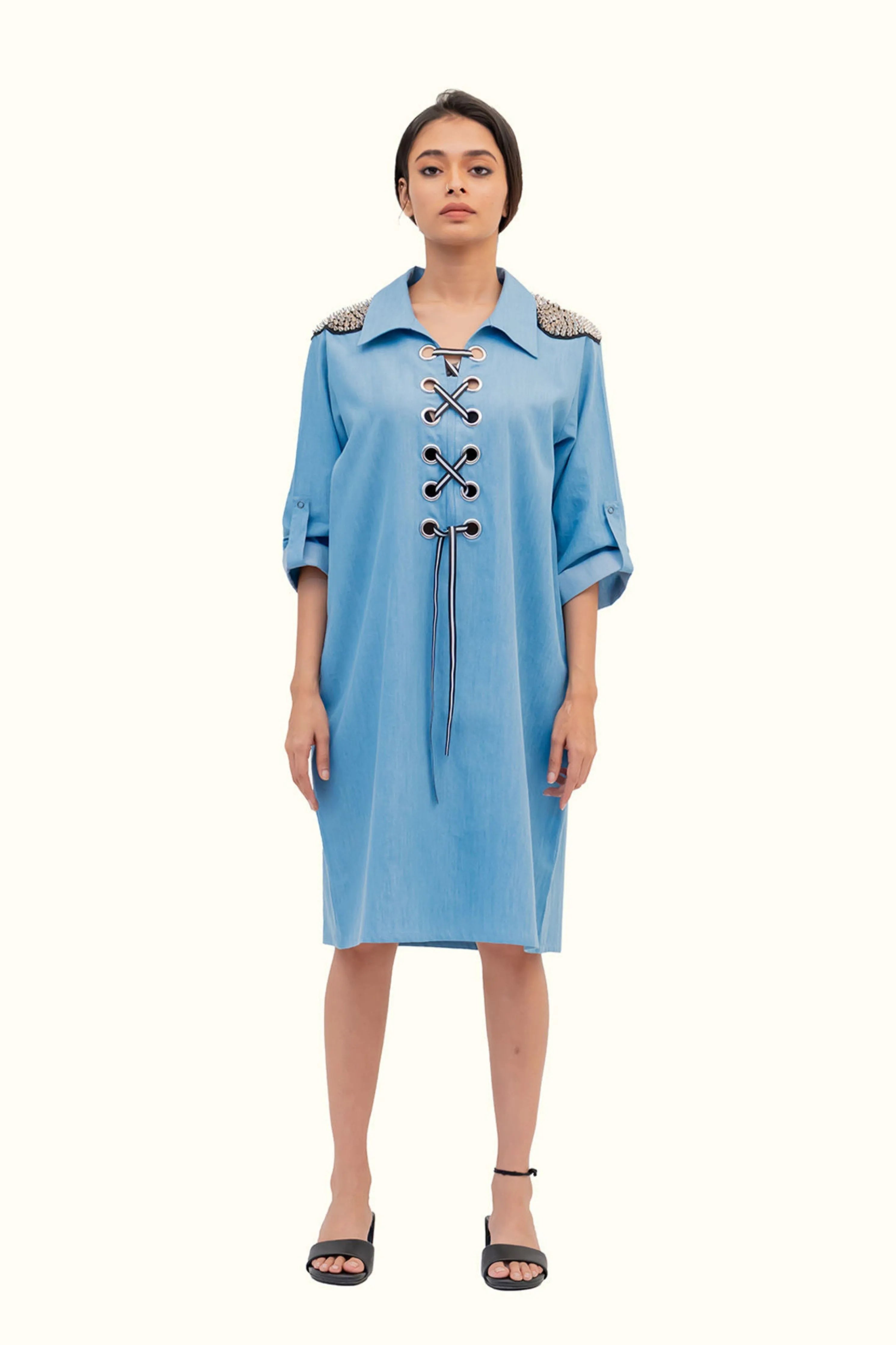 Blue Cotton Denim Dress With Embroidery