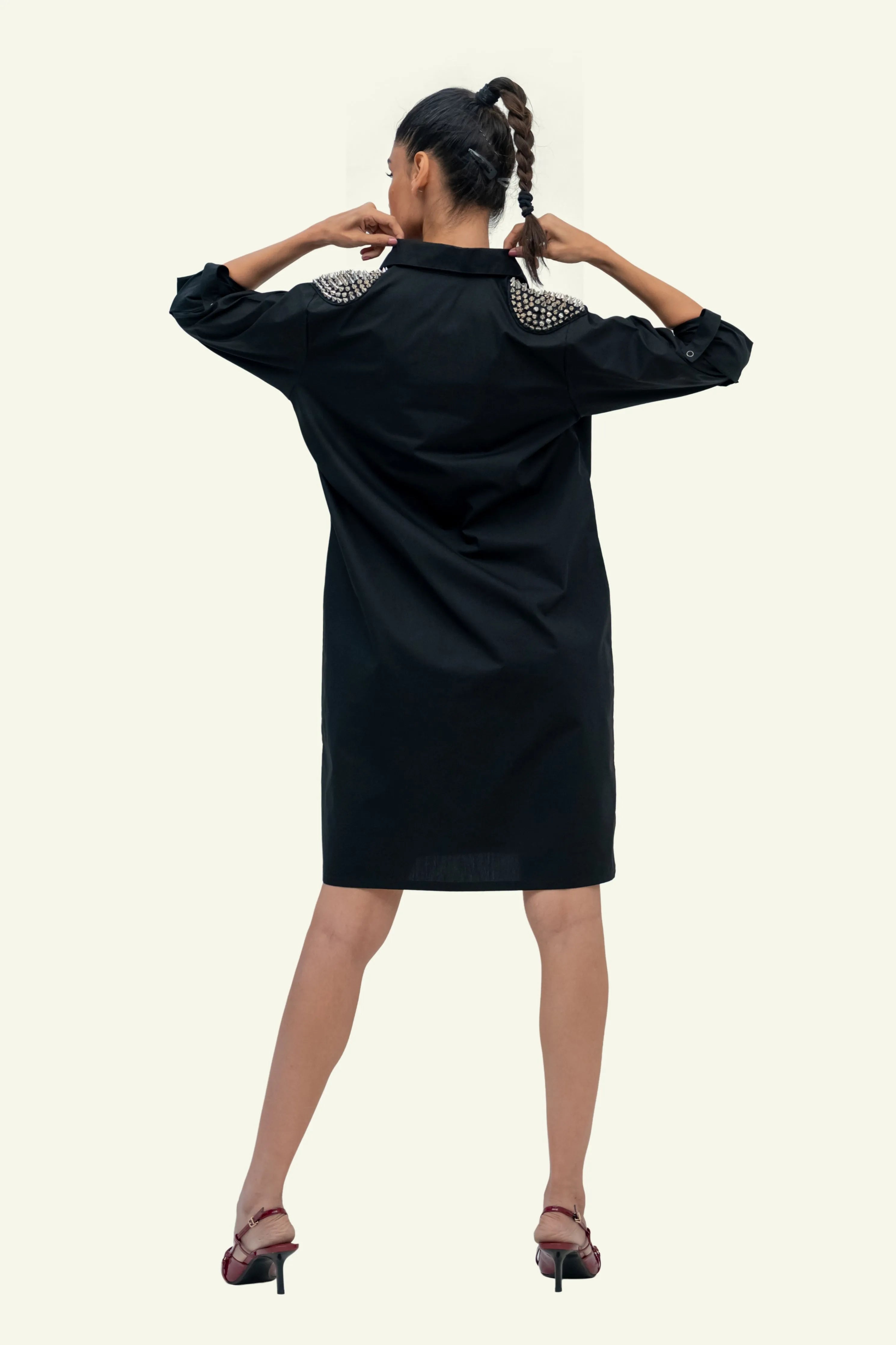 Black Cotton Denim Dress with Embroidery