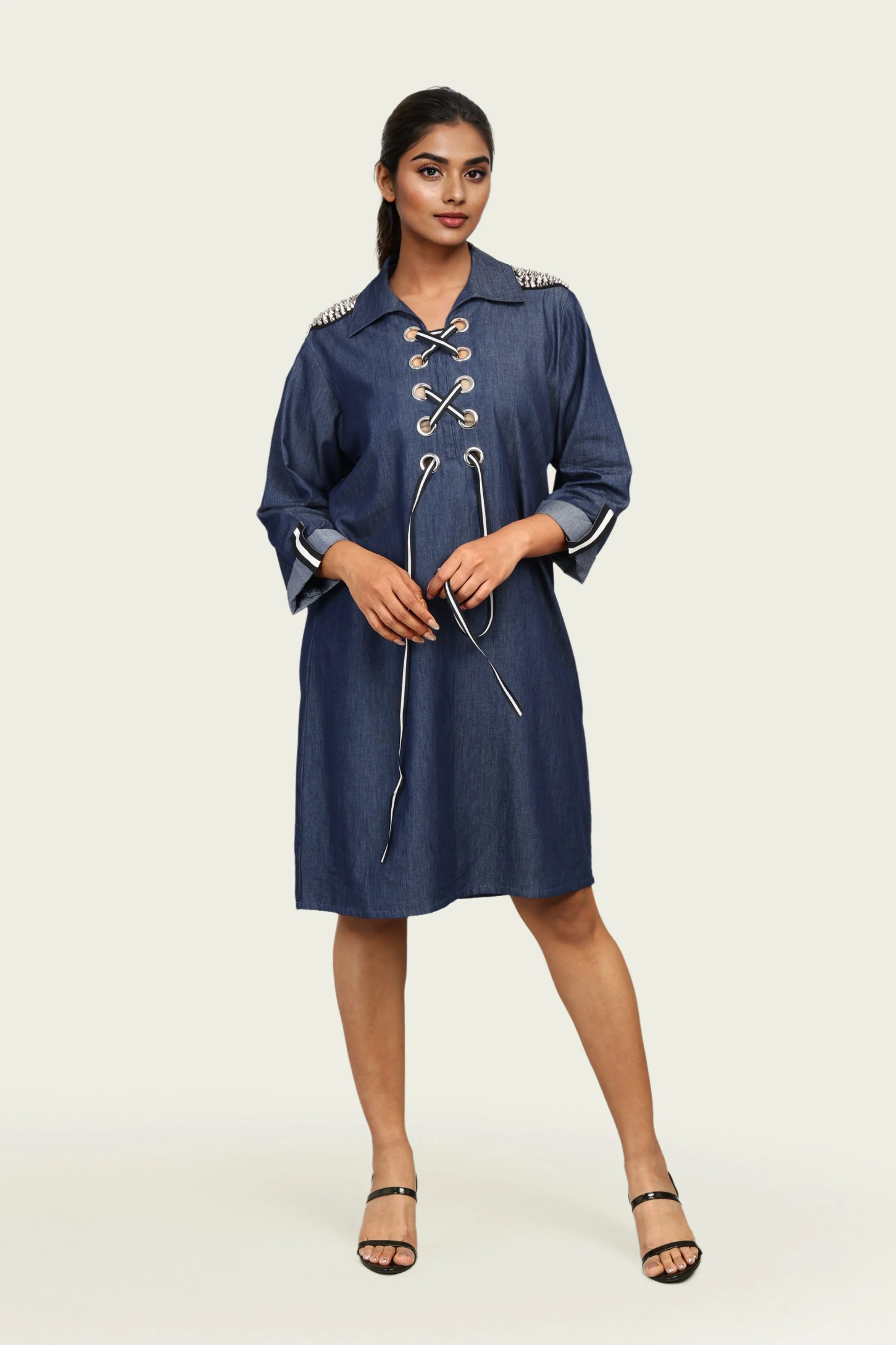 Denim Cotton Dress with Embroidery
