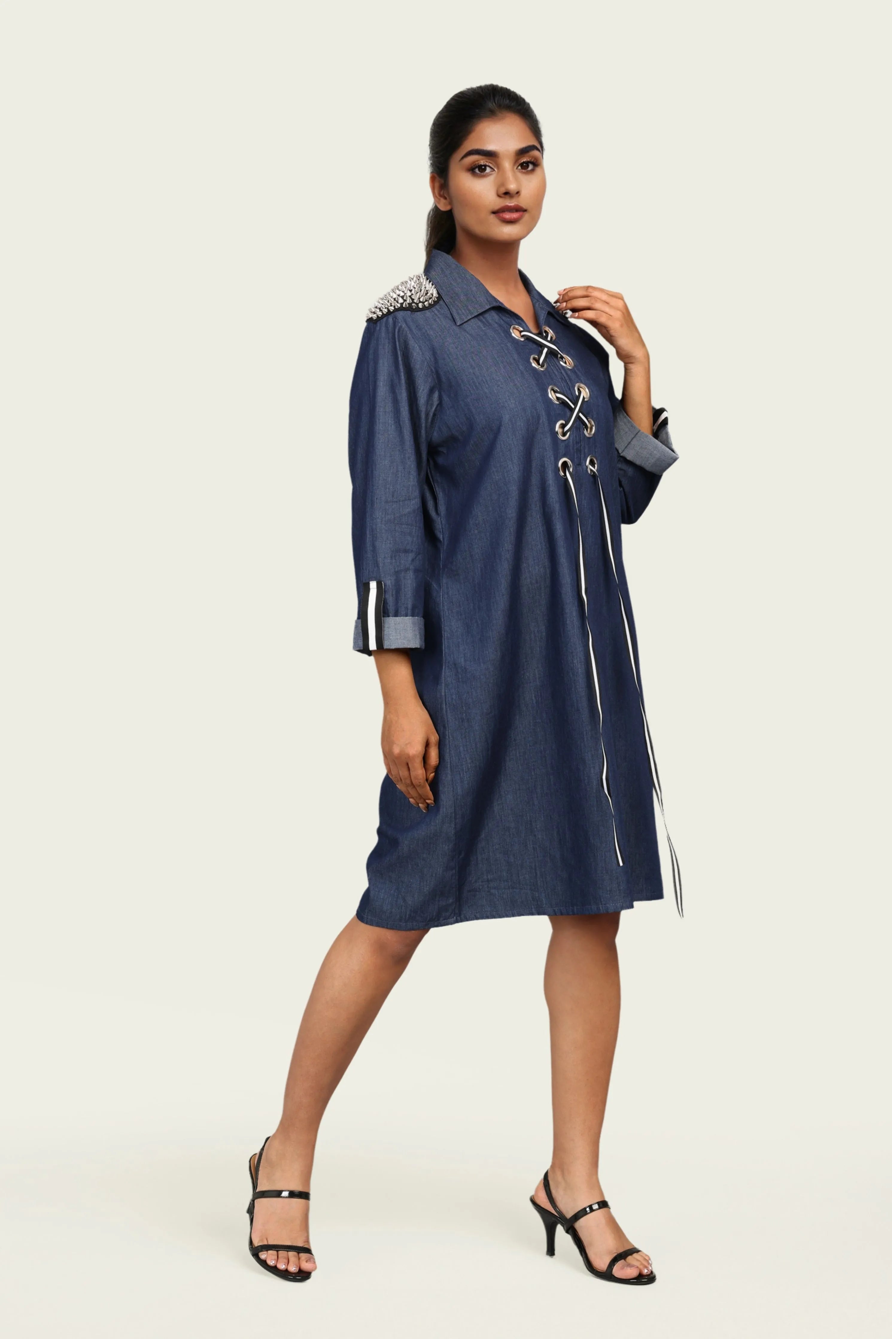Denim Cotton Dress with Embroidery