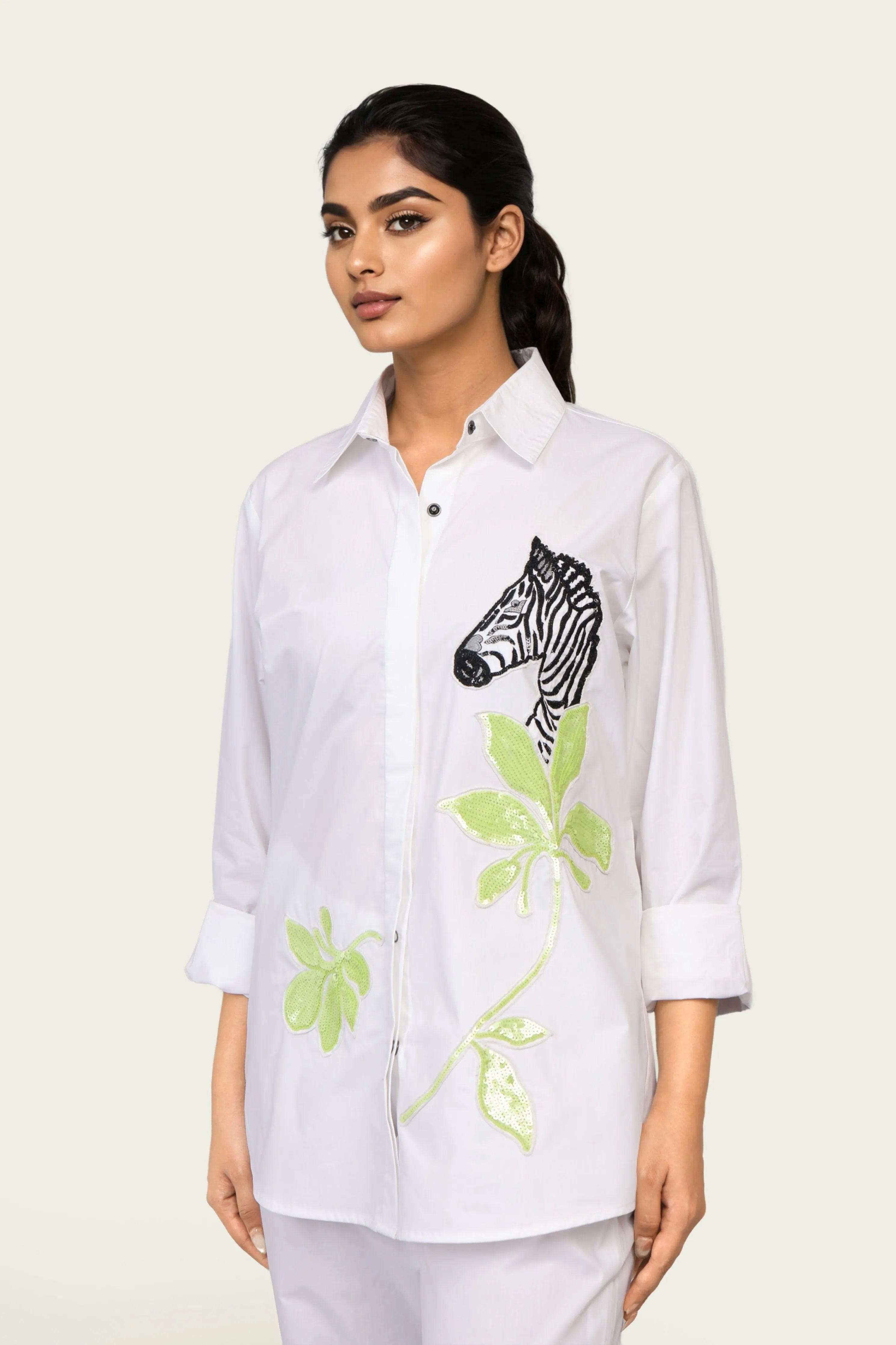 White Cotton Shirt and Pants Co-ord Set with Zebra Embroidery