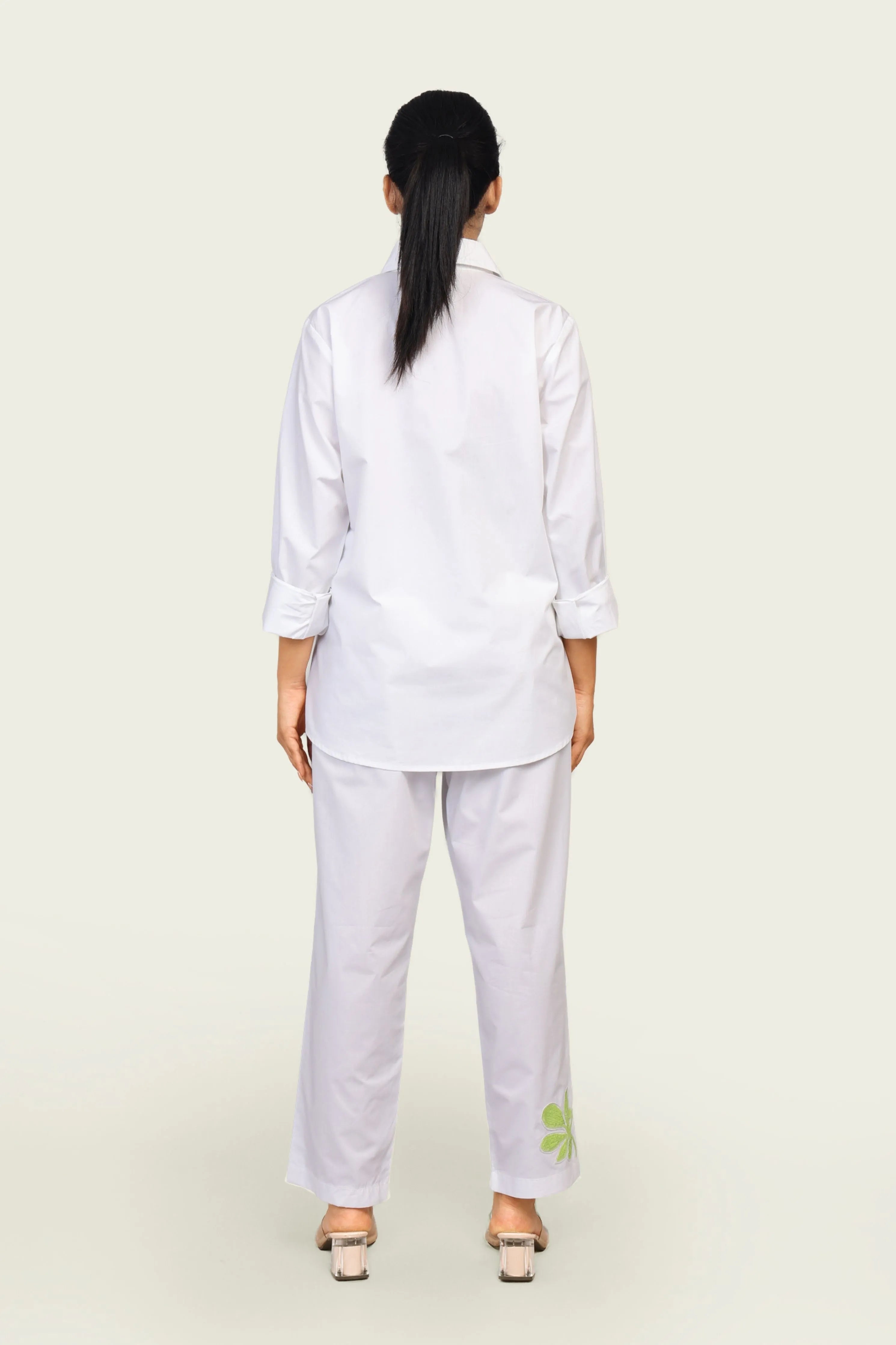 White Cotton Shirt and Pants Co-ord Set with Zebra Embroidery