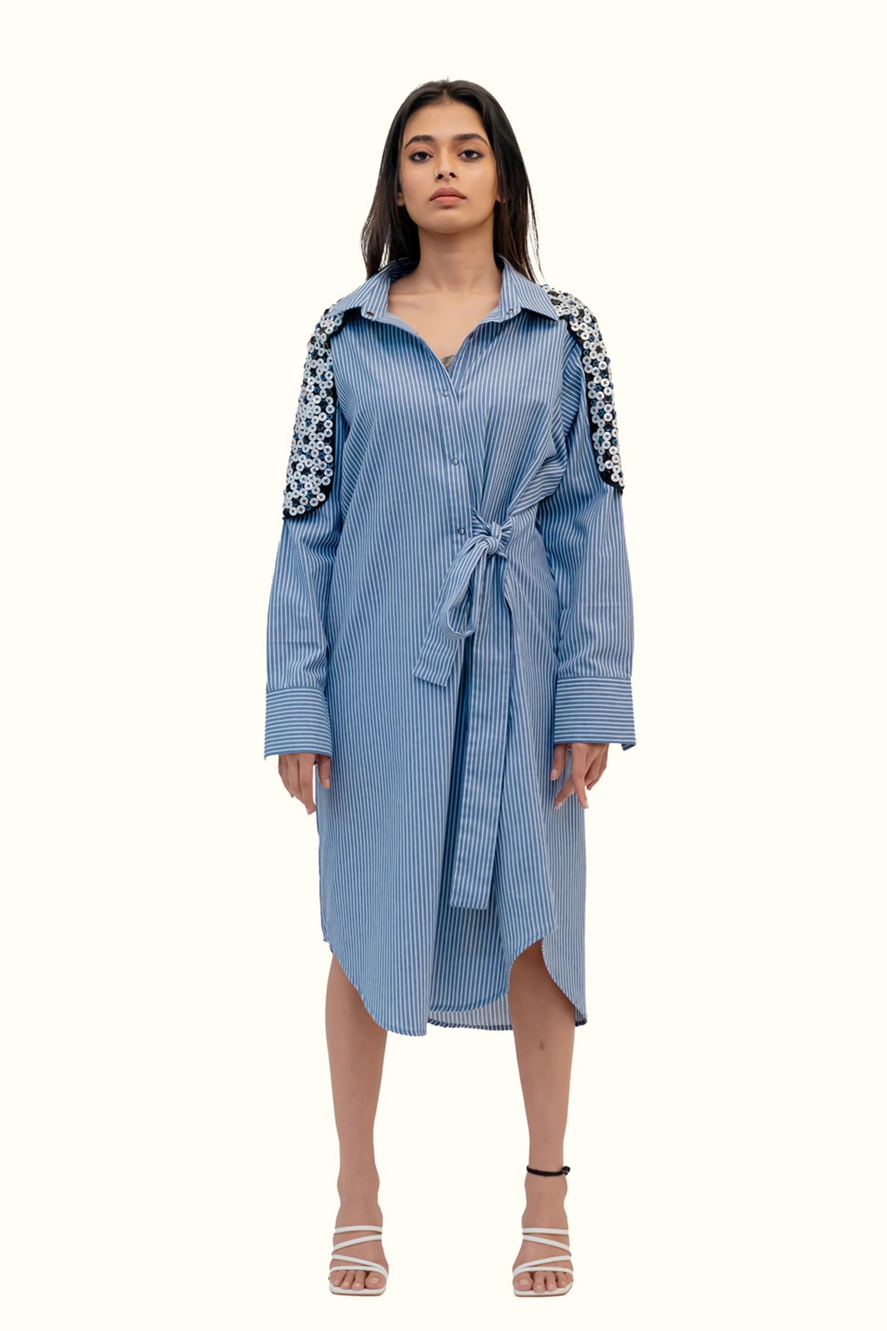 Blue And White Striped Cotton Dress With Embroidery