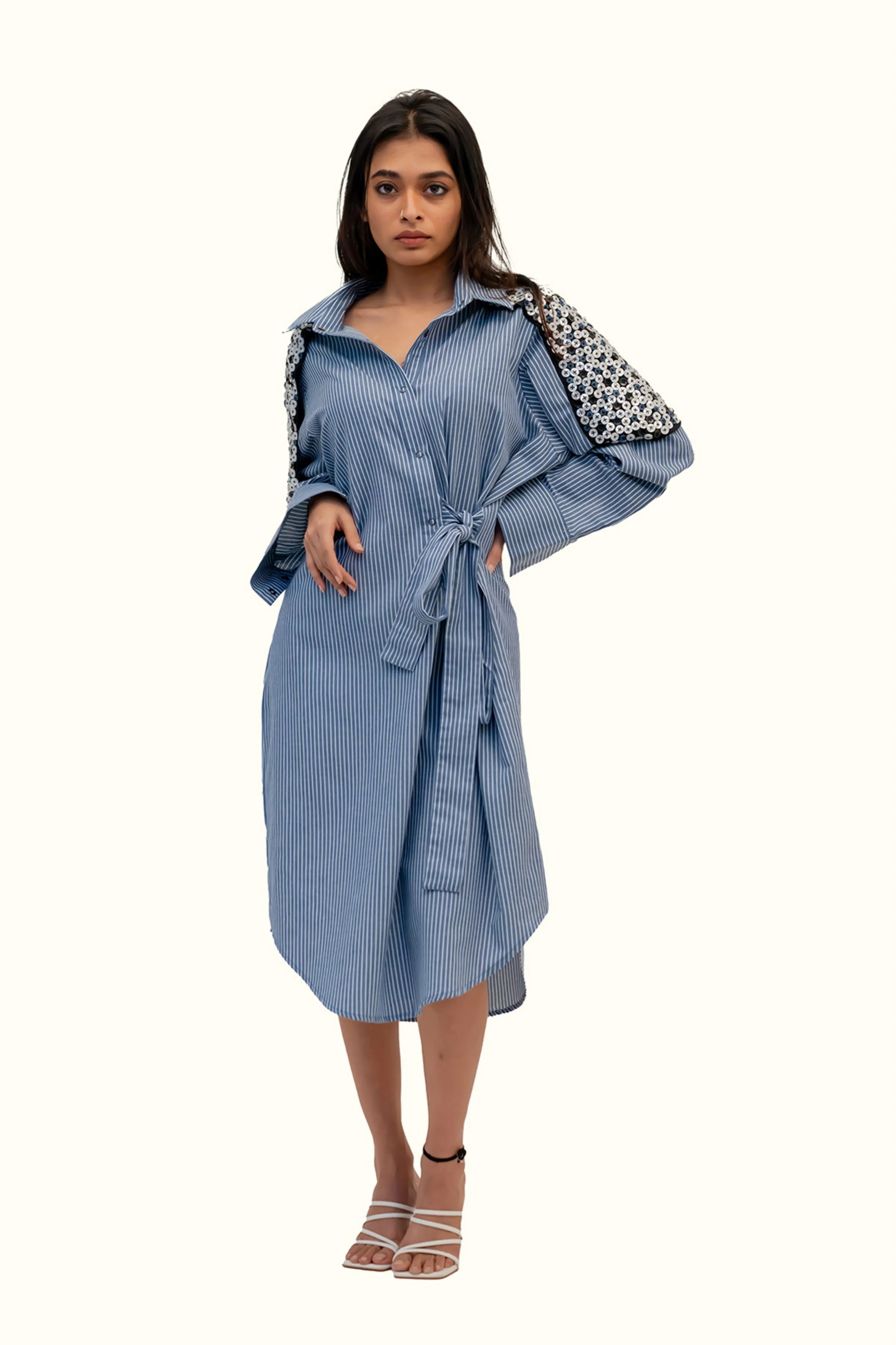 Blue And White Striped Cotton Dress With Embroidery