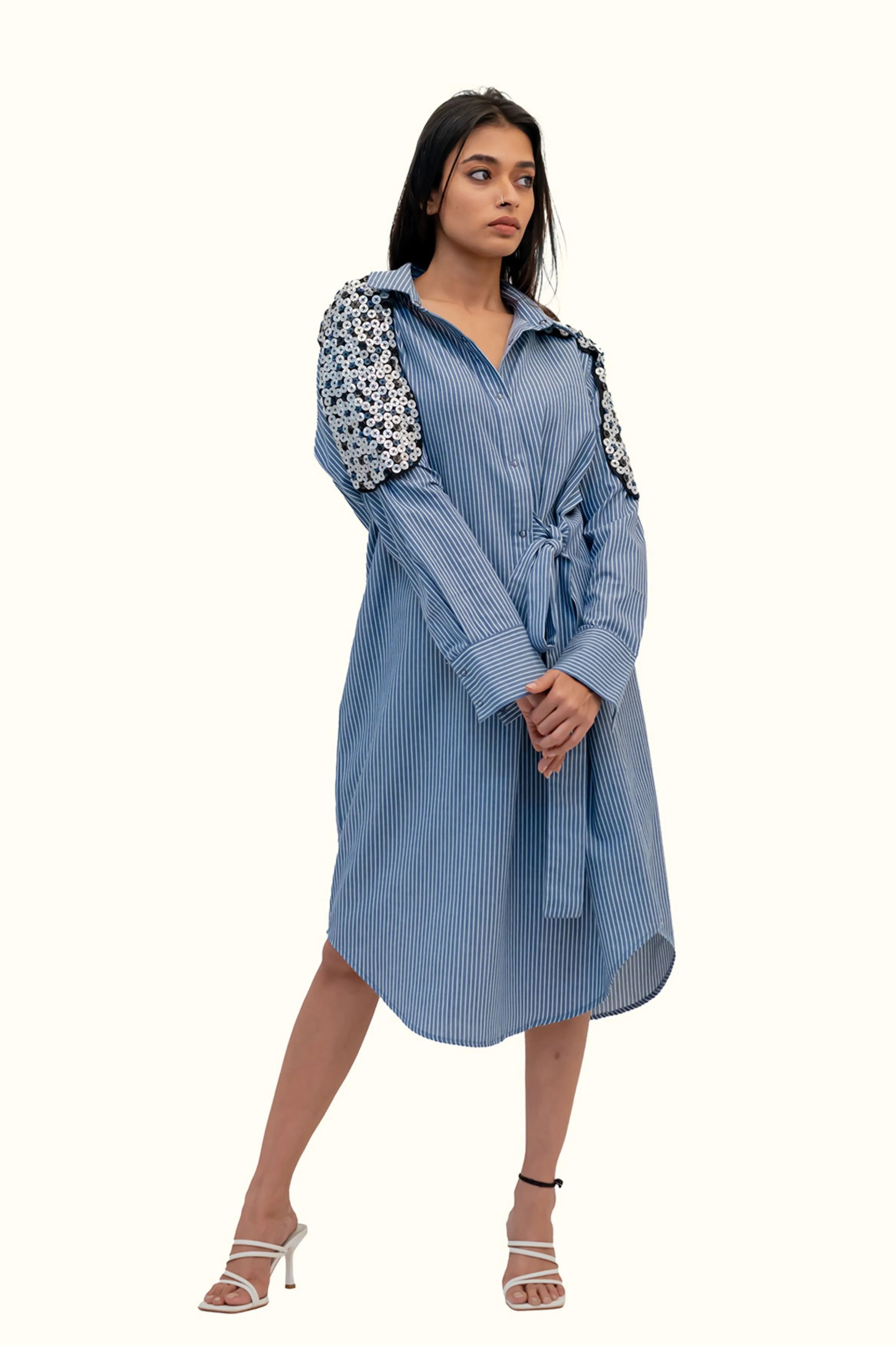 Blue And White Striped Cotton Dress With Embroidery