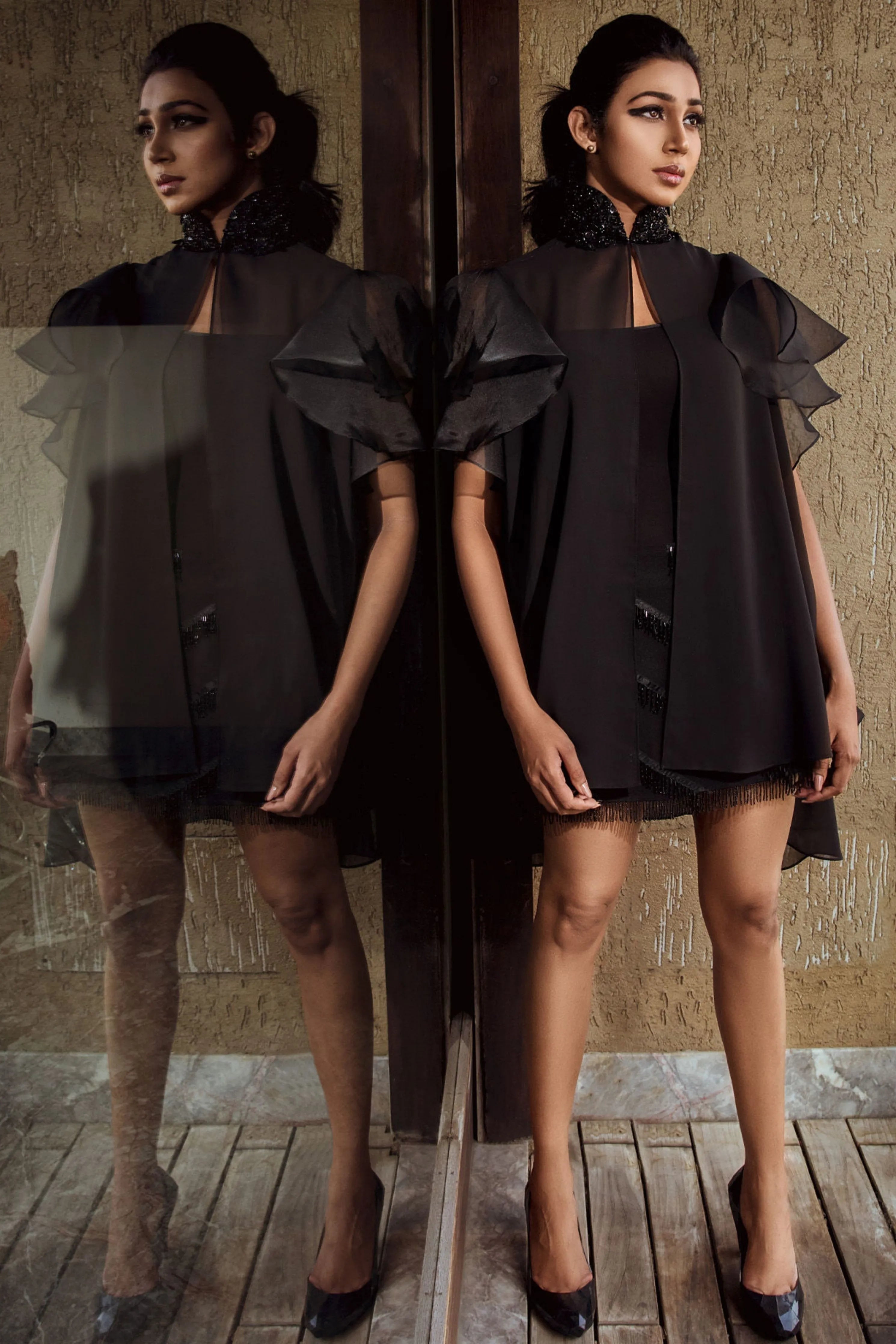 Black Georgette Cape With Organza Flared Sleeves