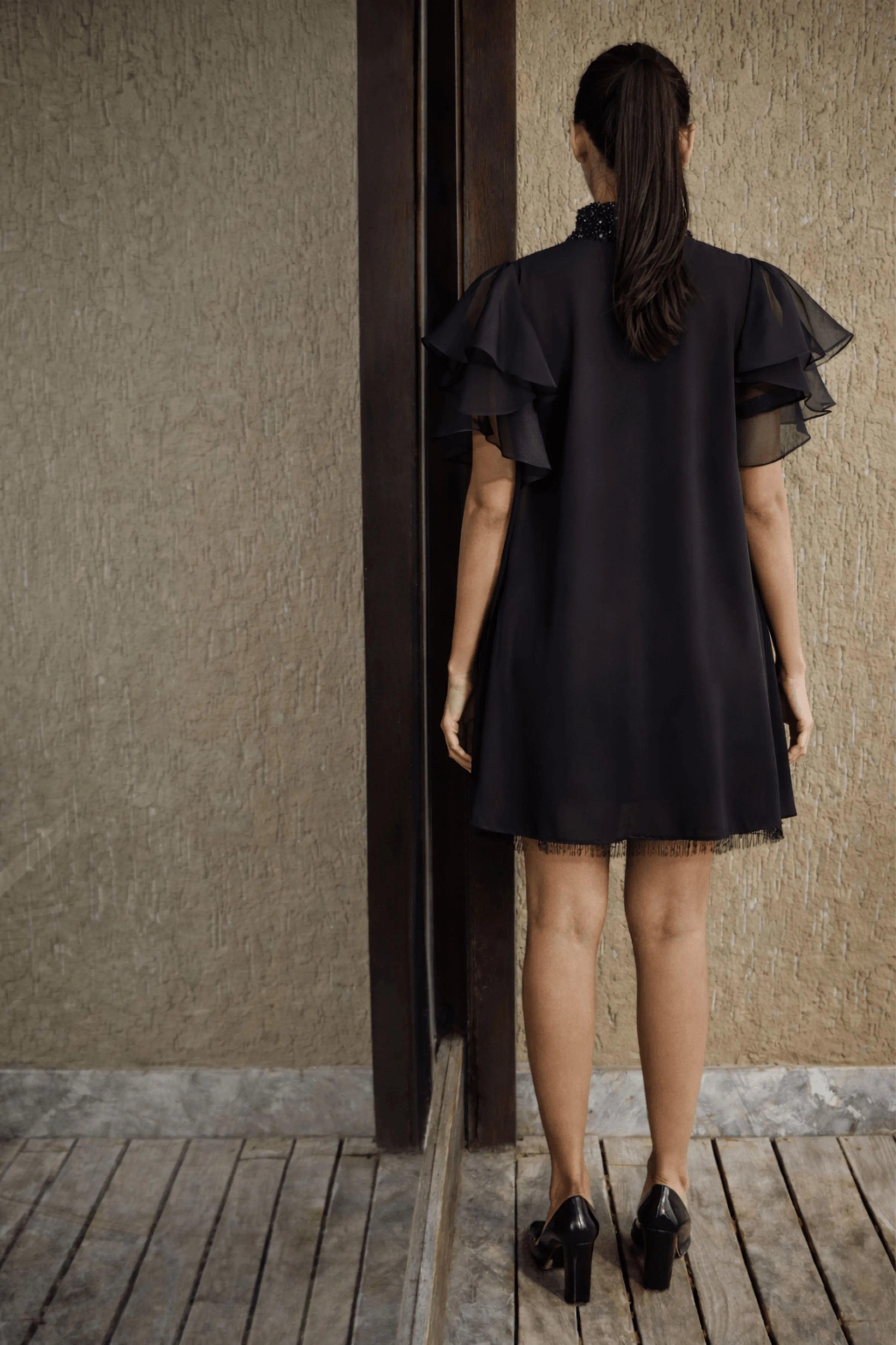 Black Georgette Cape With Organza Flared Sleeves