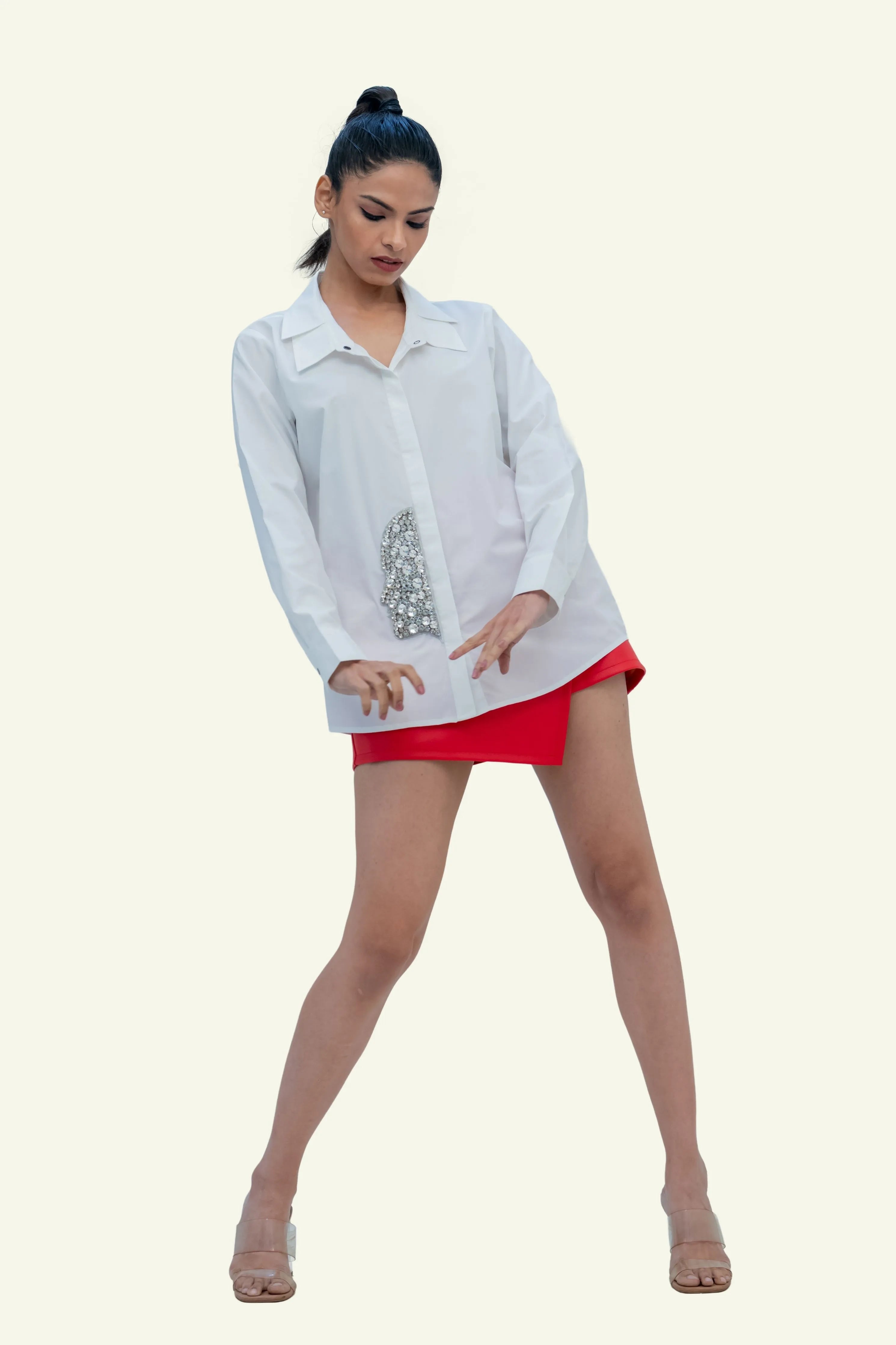 White Cotton Shirt with Crystal Embroidery