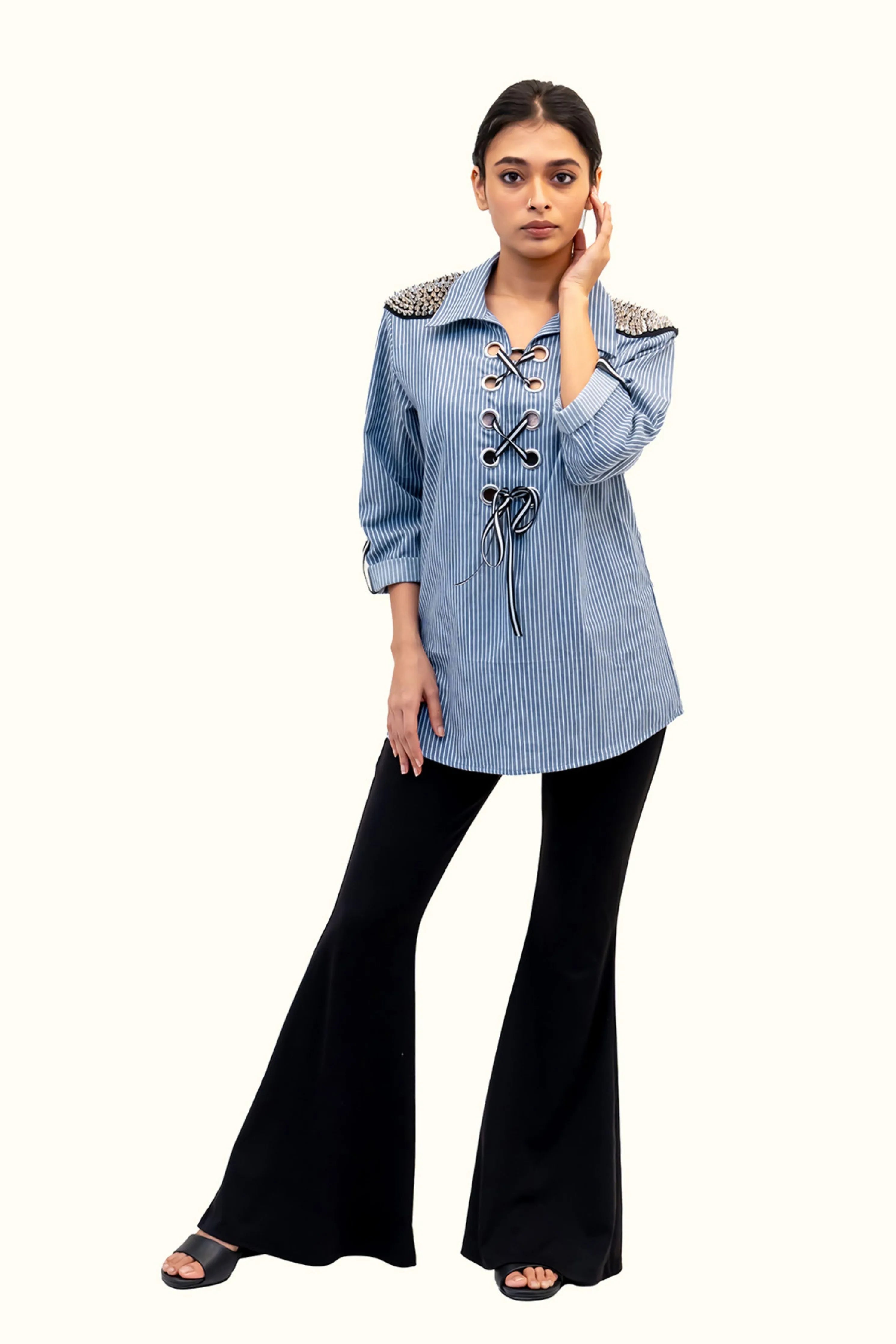 Blue And White Stripe Cotton Shirt With Embroidery