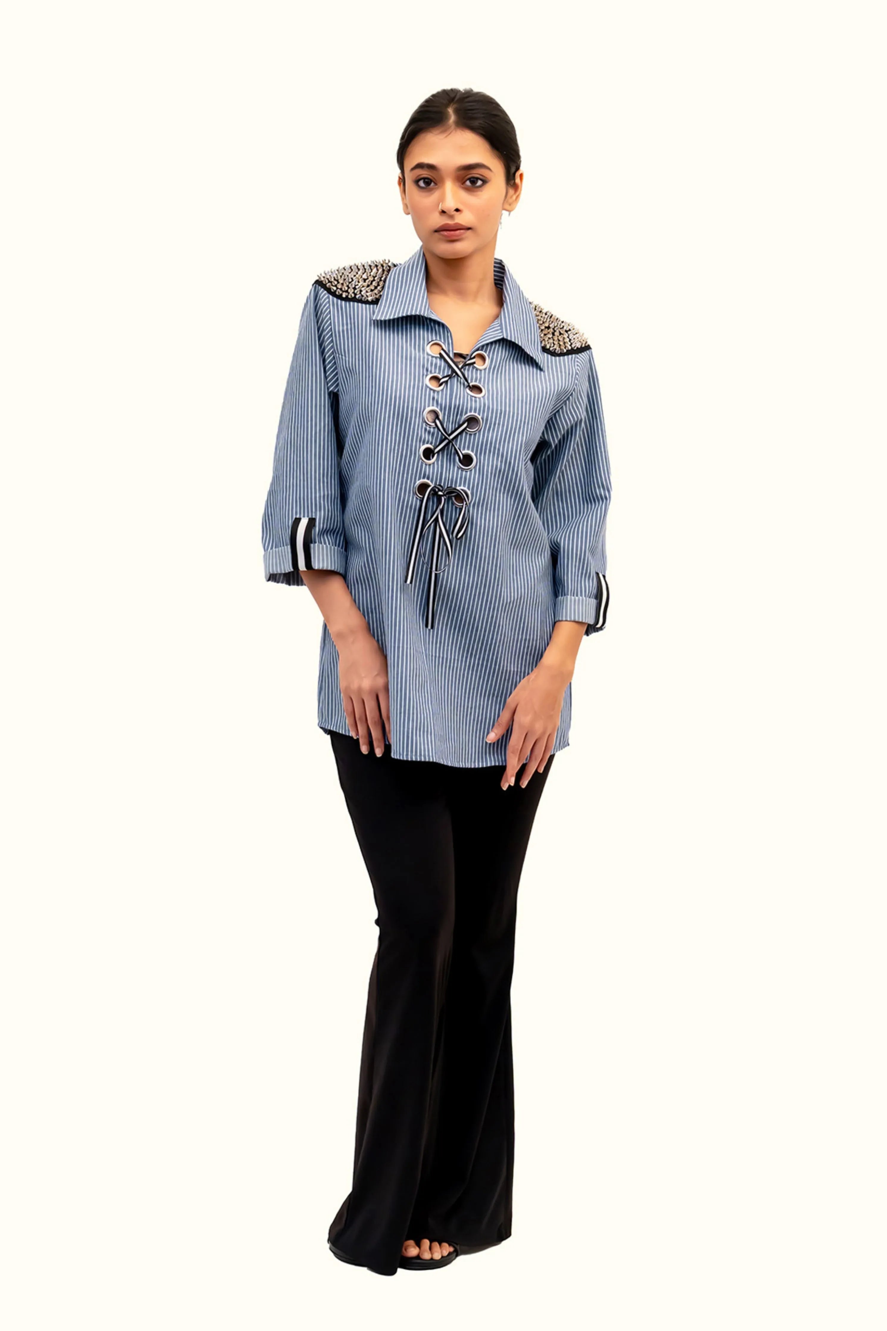 Blue And White Stripe Cotton Shirt With Embroidery