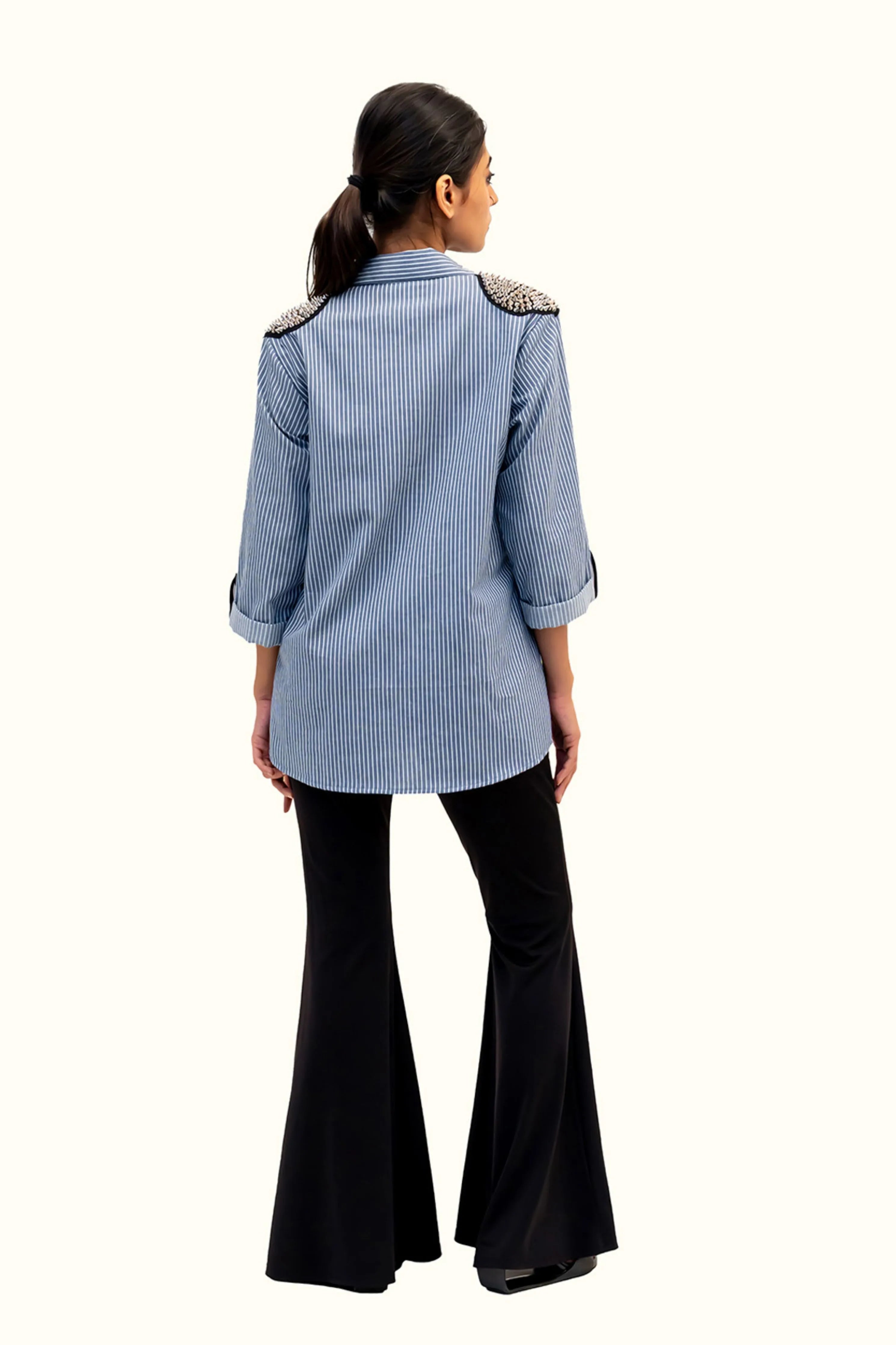 Blue And White Stripe Cotton Shirt With Embroidery