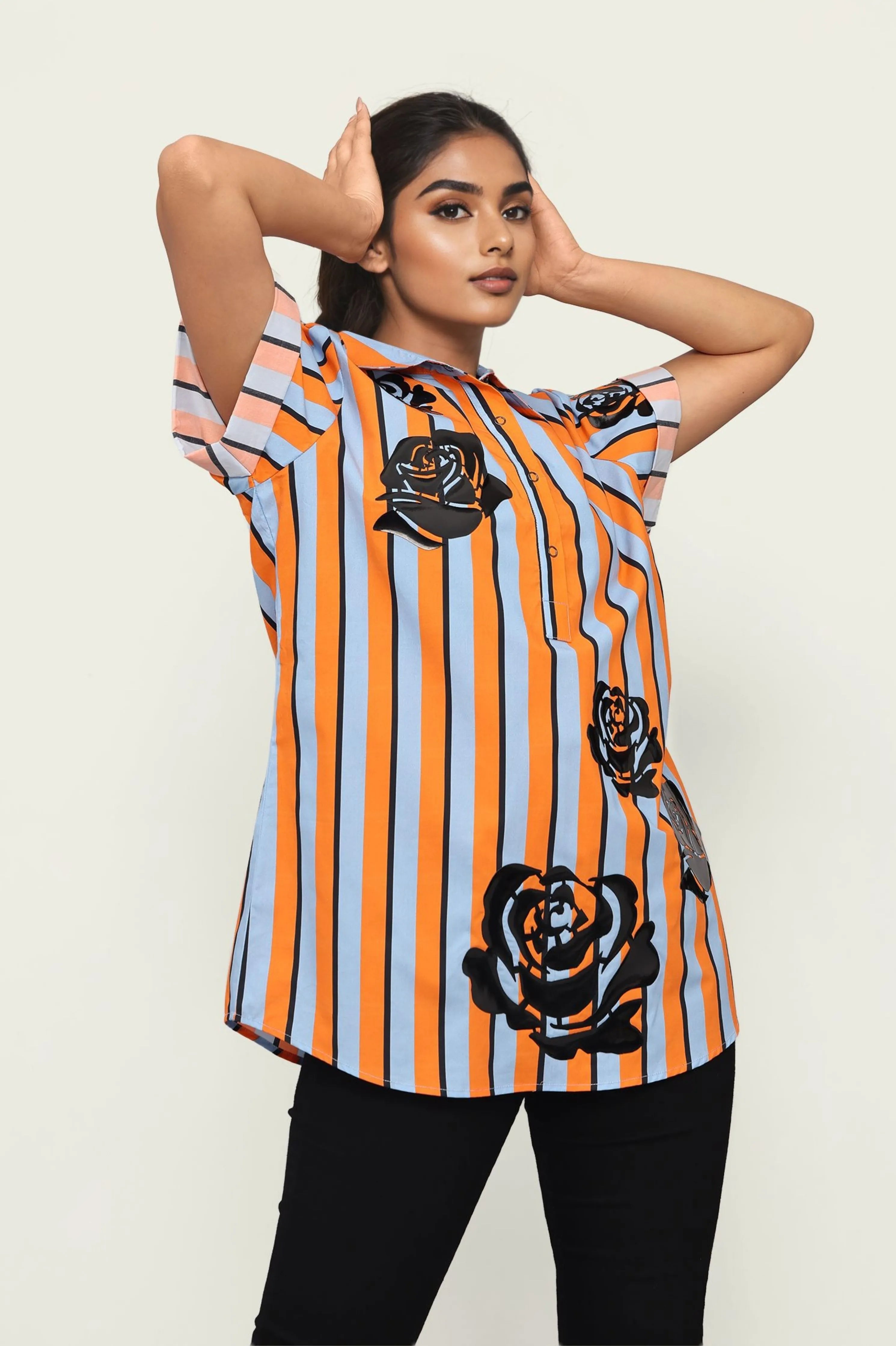Orange and Blue Strip Cotton Shirt with Applique