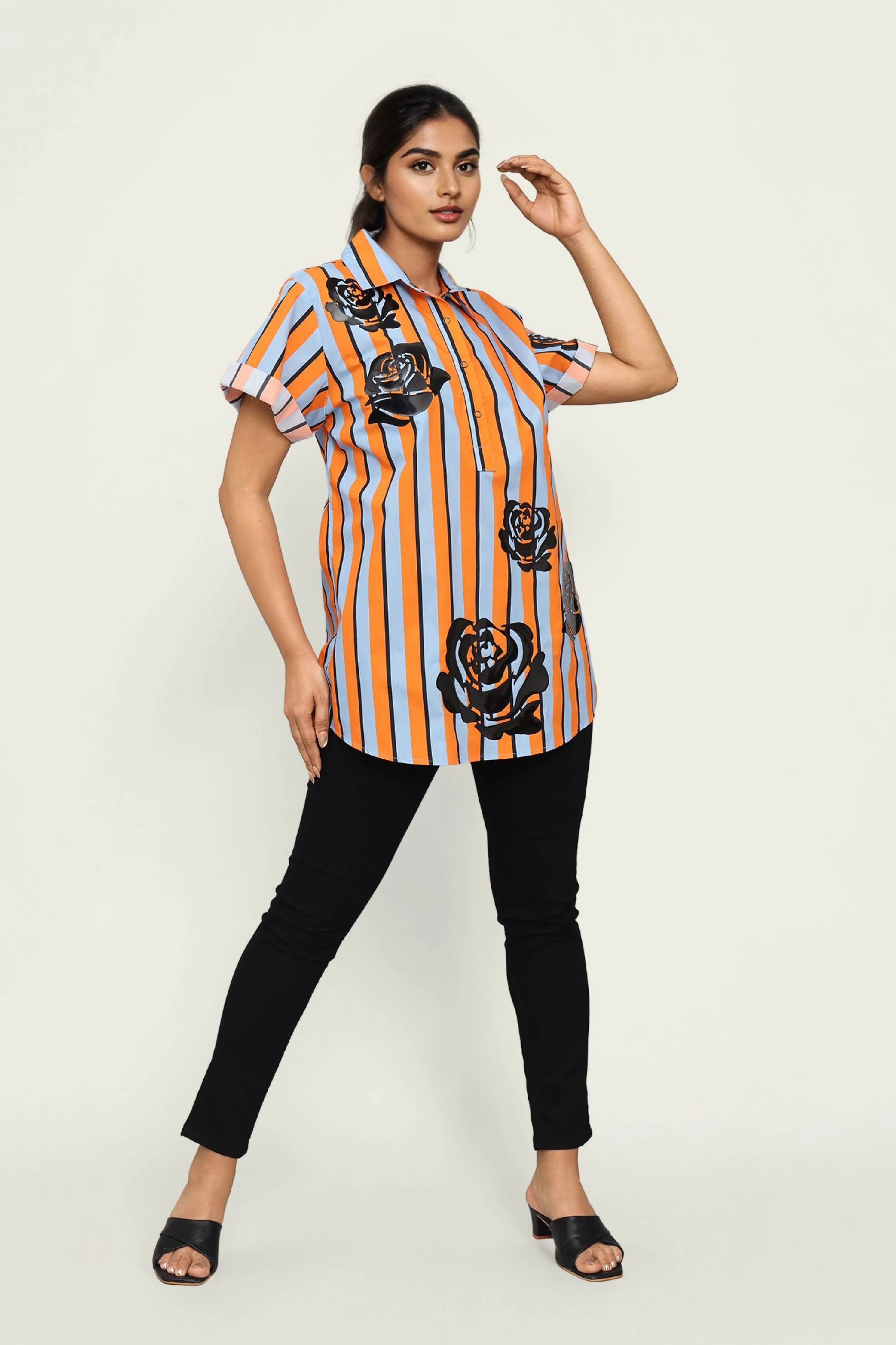 Orange and Blue Strip Cotton Shirt with Applique