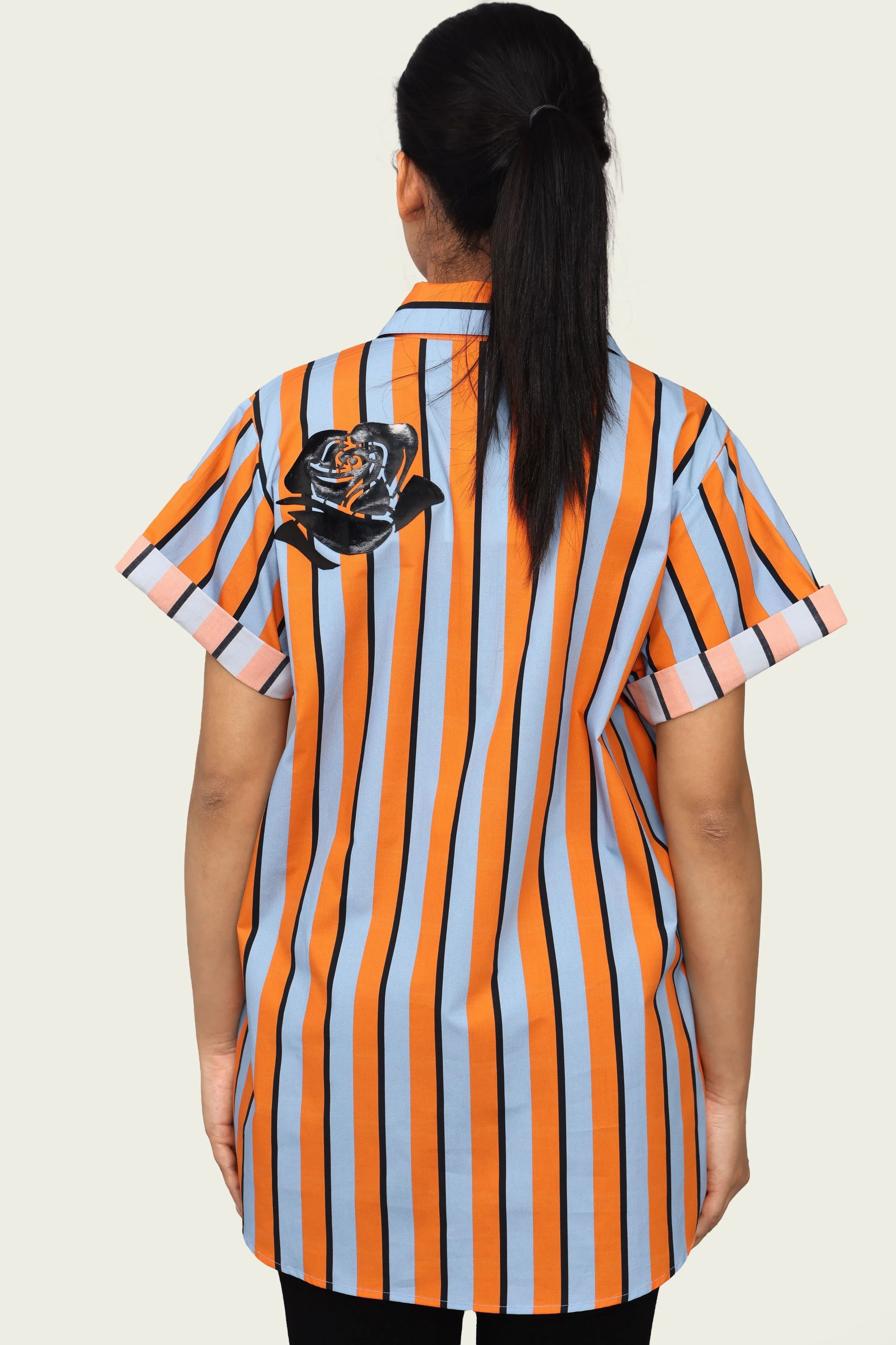 Orange and Blue Strip Cotton Shirt with Applique