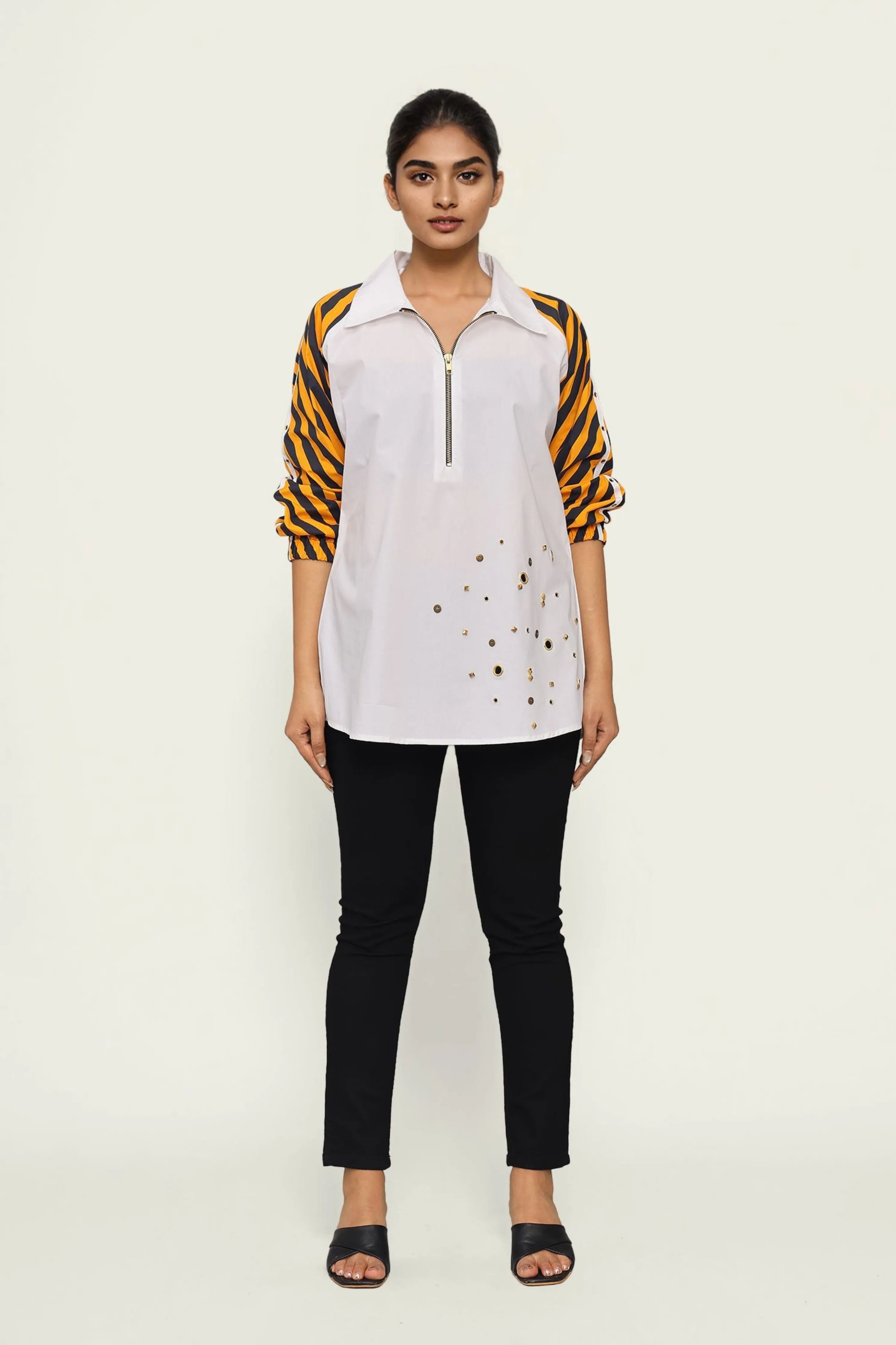 White Cotton Shirt with Contrast Sleeves and Embroidery