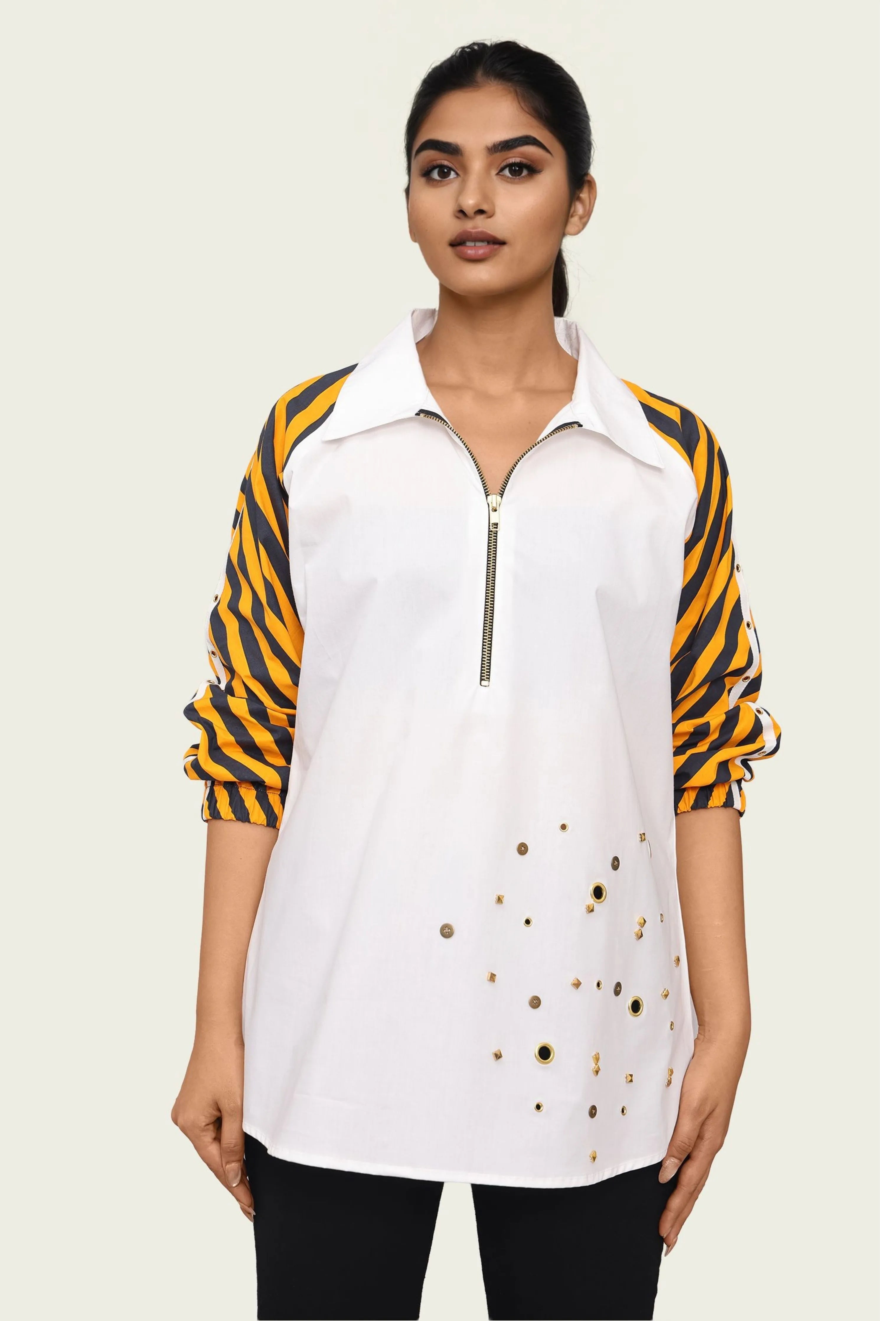 White Cotton Shirt with Contrast Sleeves and Embroidery