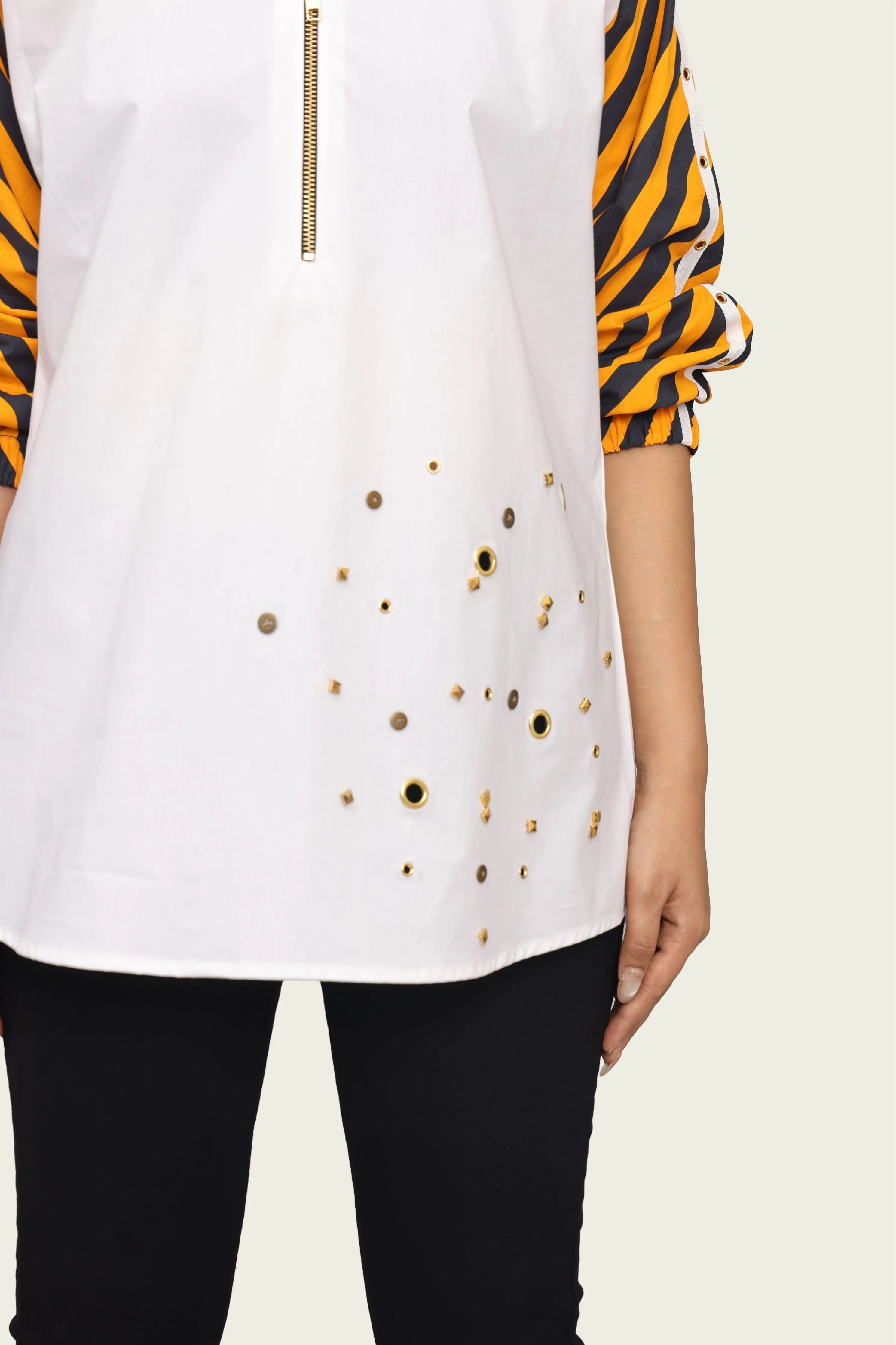 White Cotton Shirt with Contrast Sleeves and Embroidery
