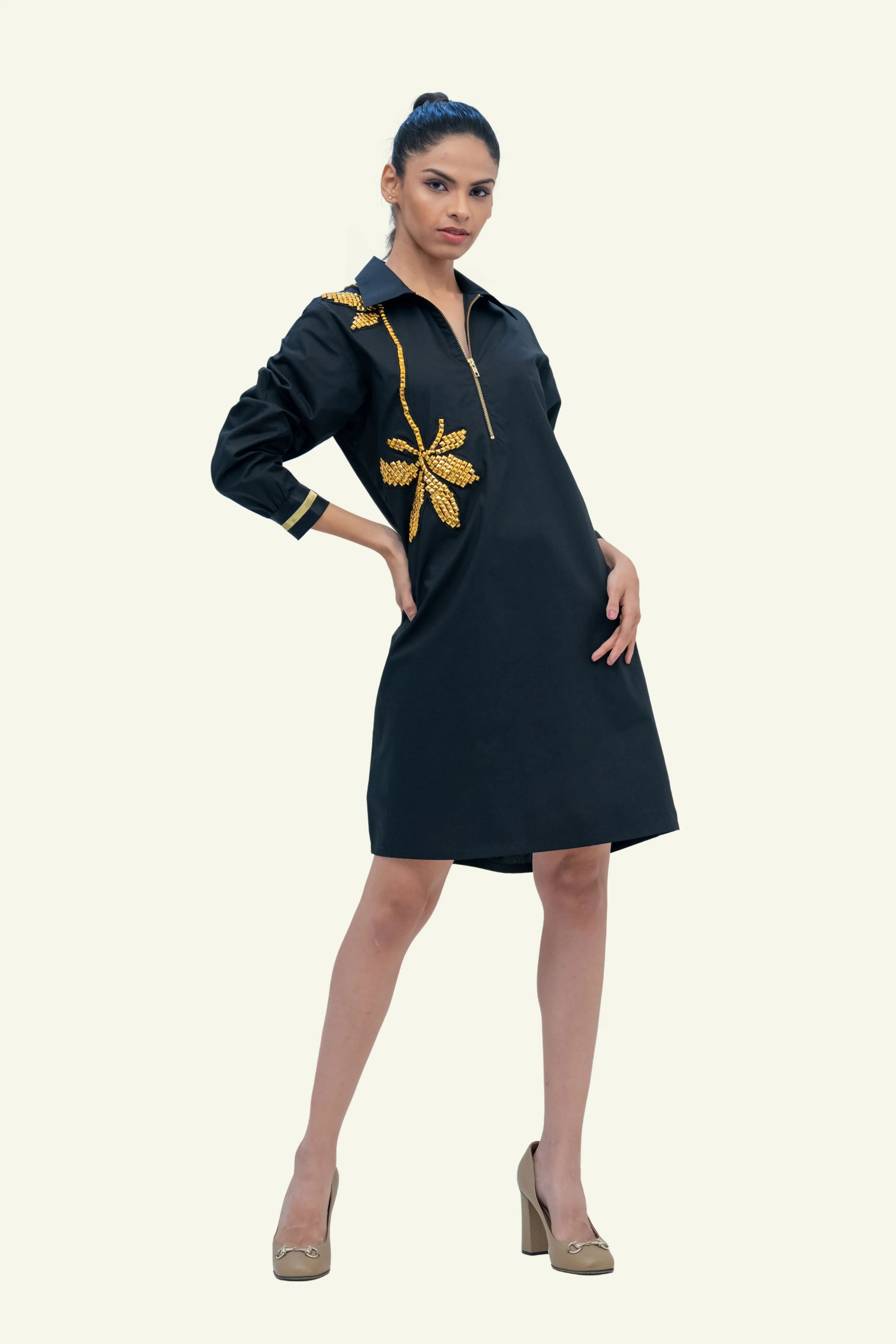 Black Cotton Dress with Stud Work