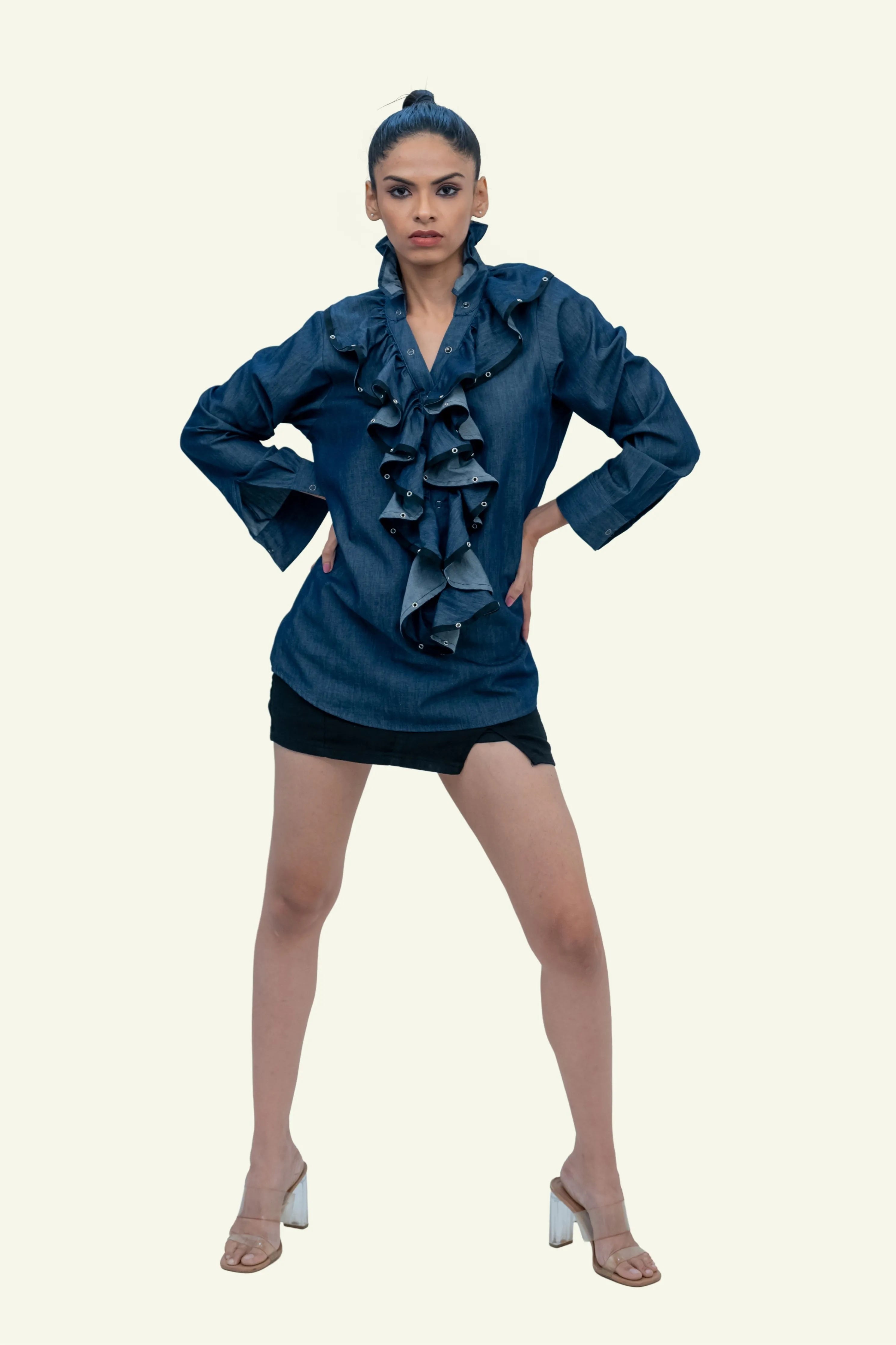 Blue Denim Cotton Shirt with Ruffles