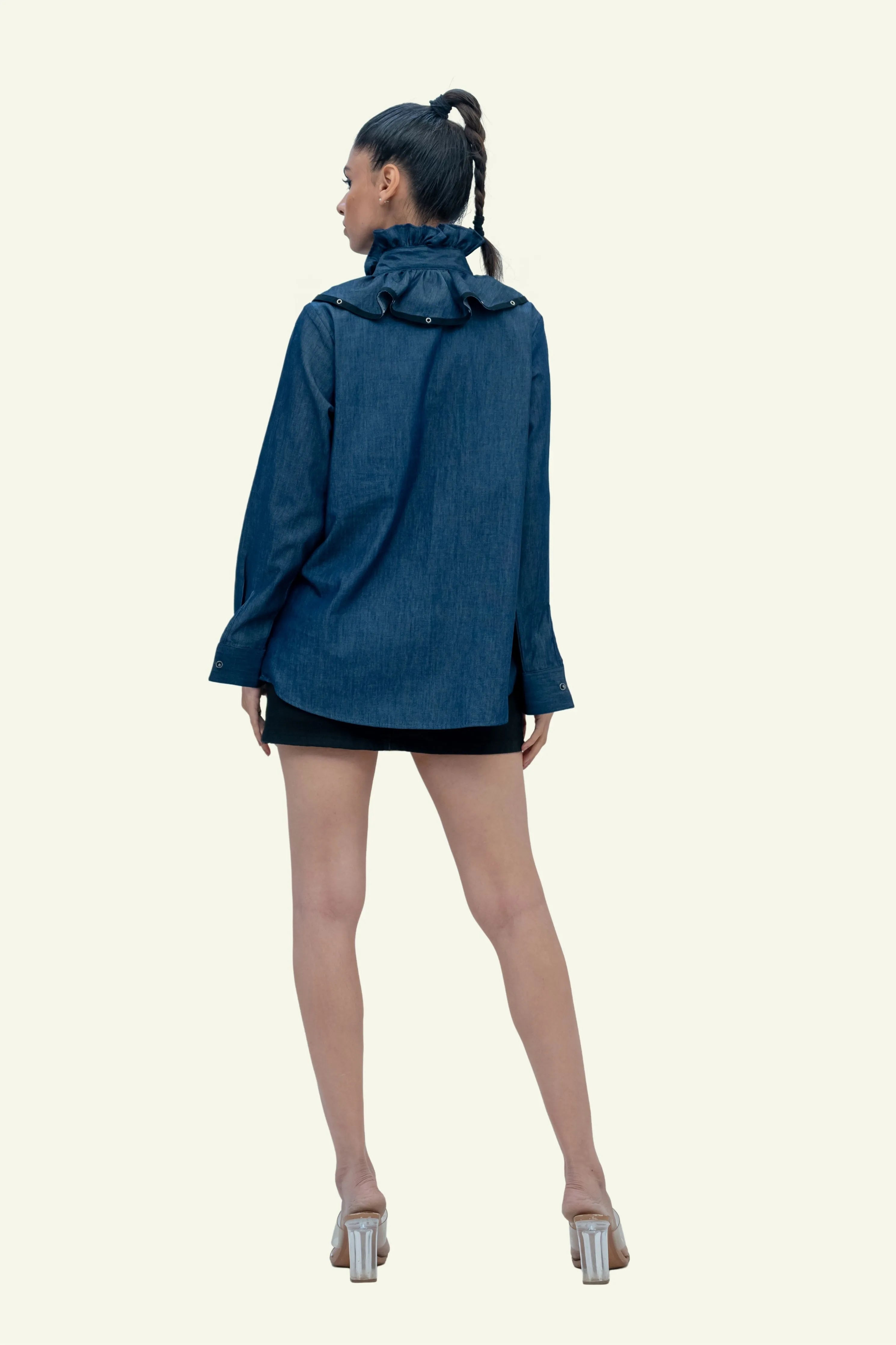 Blue Denim Cotton Shirt with Ruffles