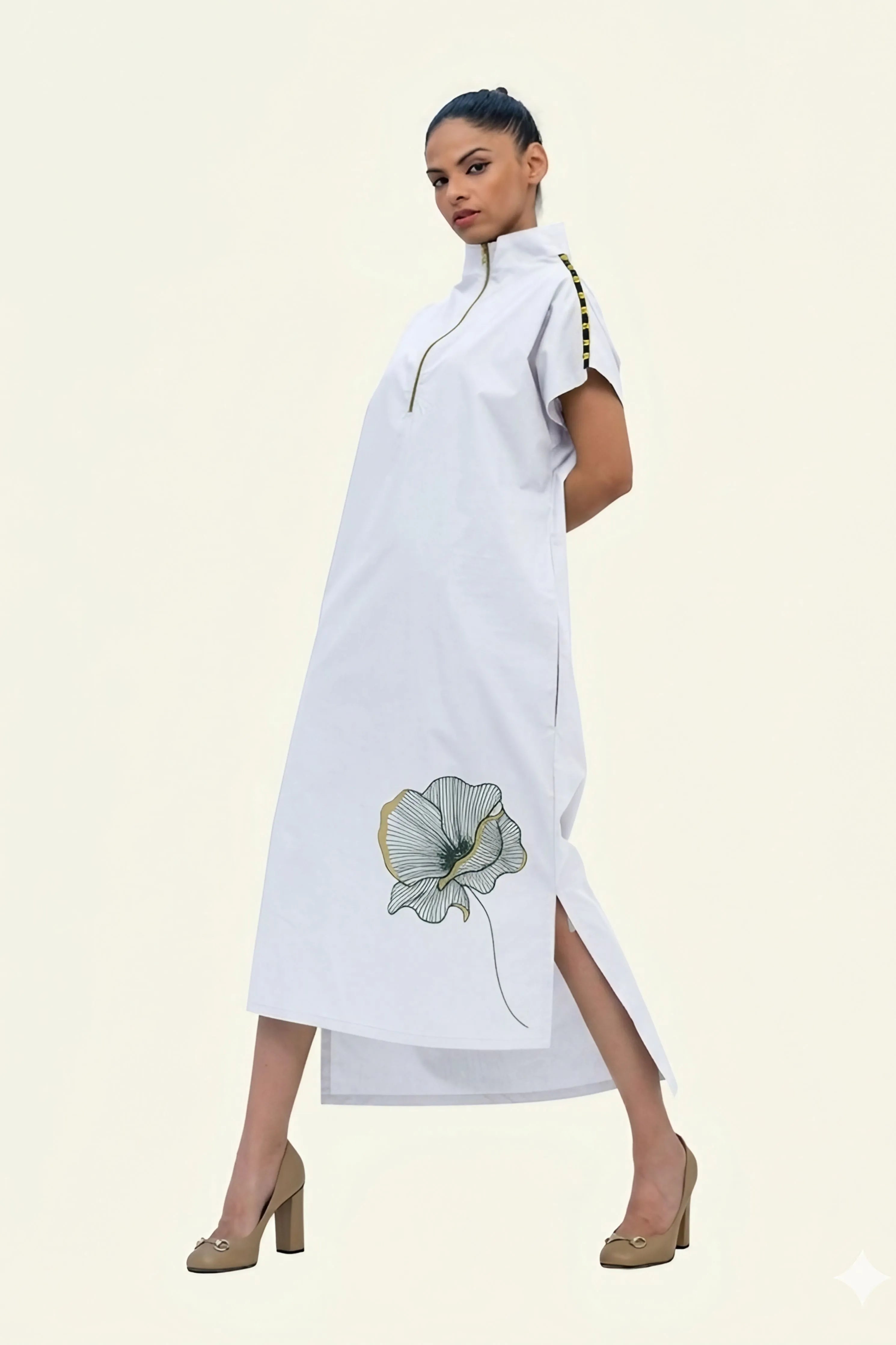 White Cotton Midi Dress with Print