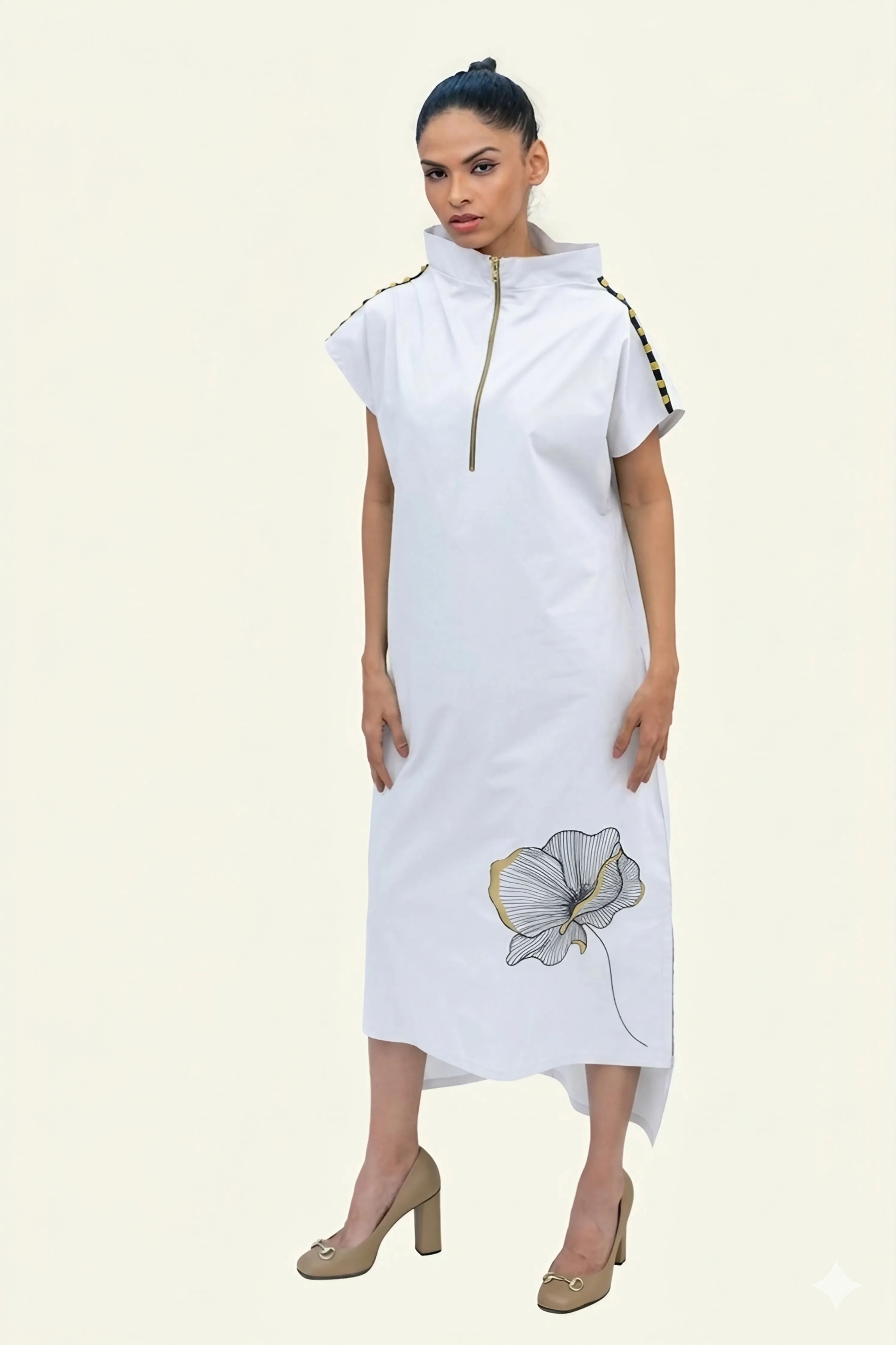 White Cotton Midi Dress with Print