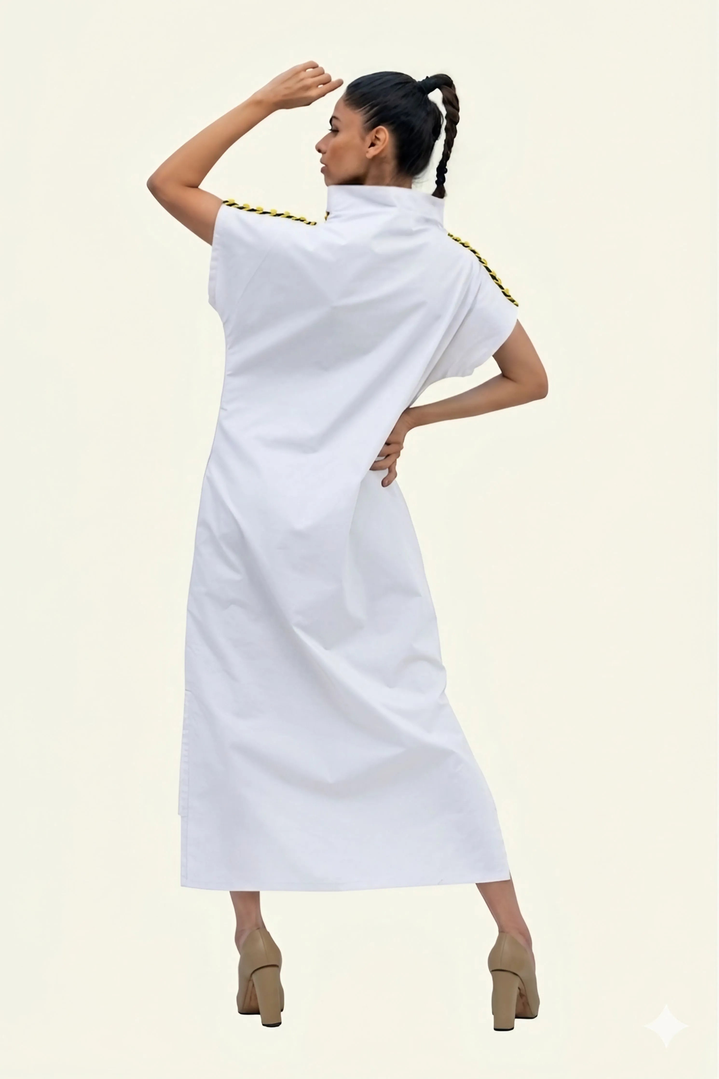 White Cotton Midi Dress with Print