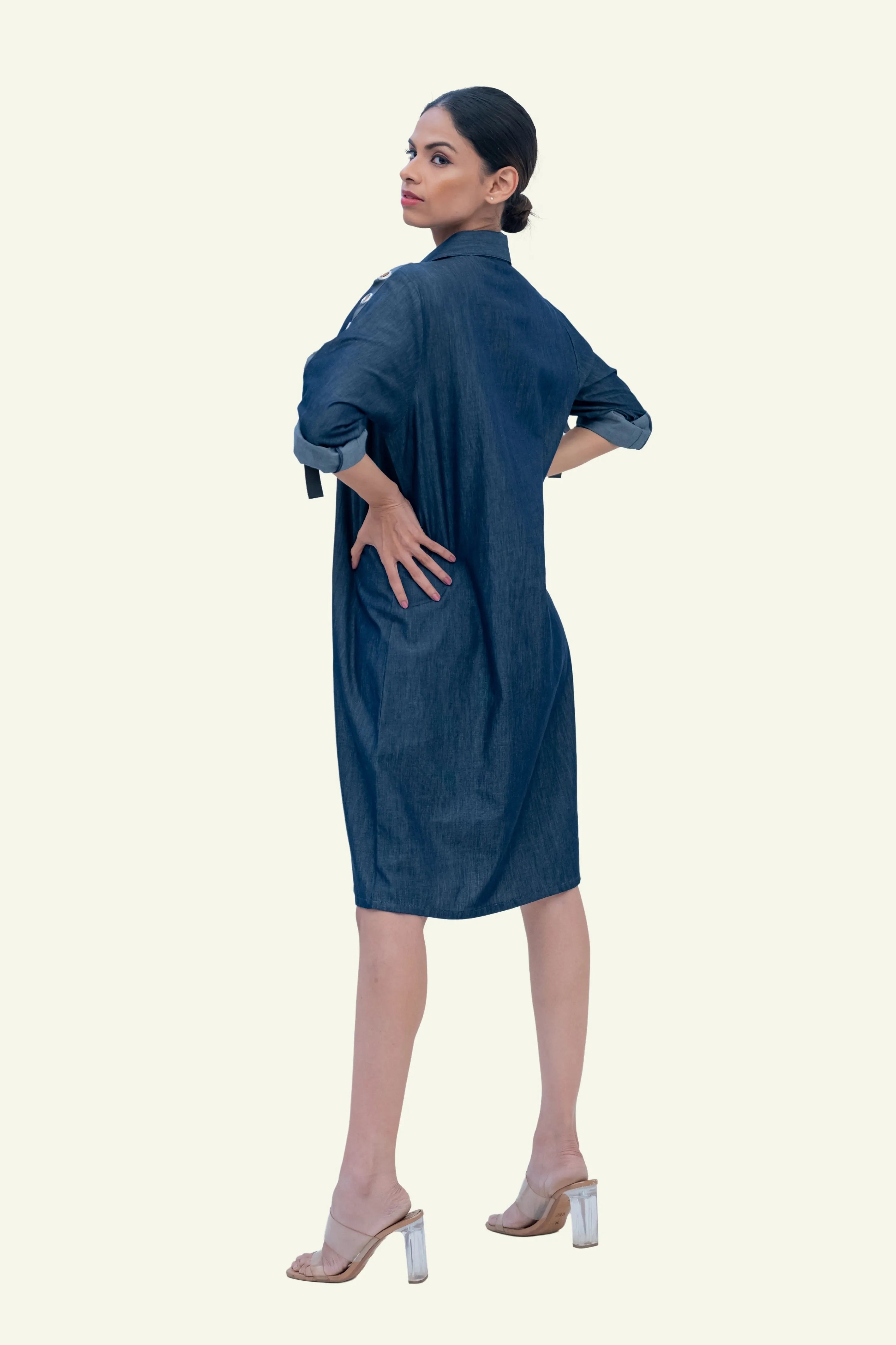 Denim Cotton Dress with Embroidery on Pockets