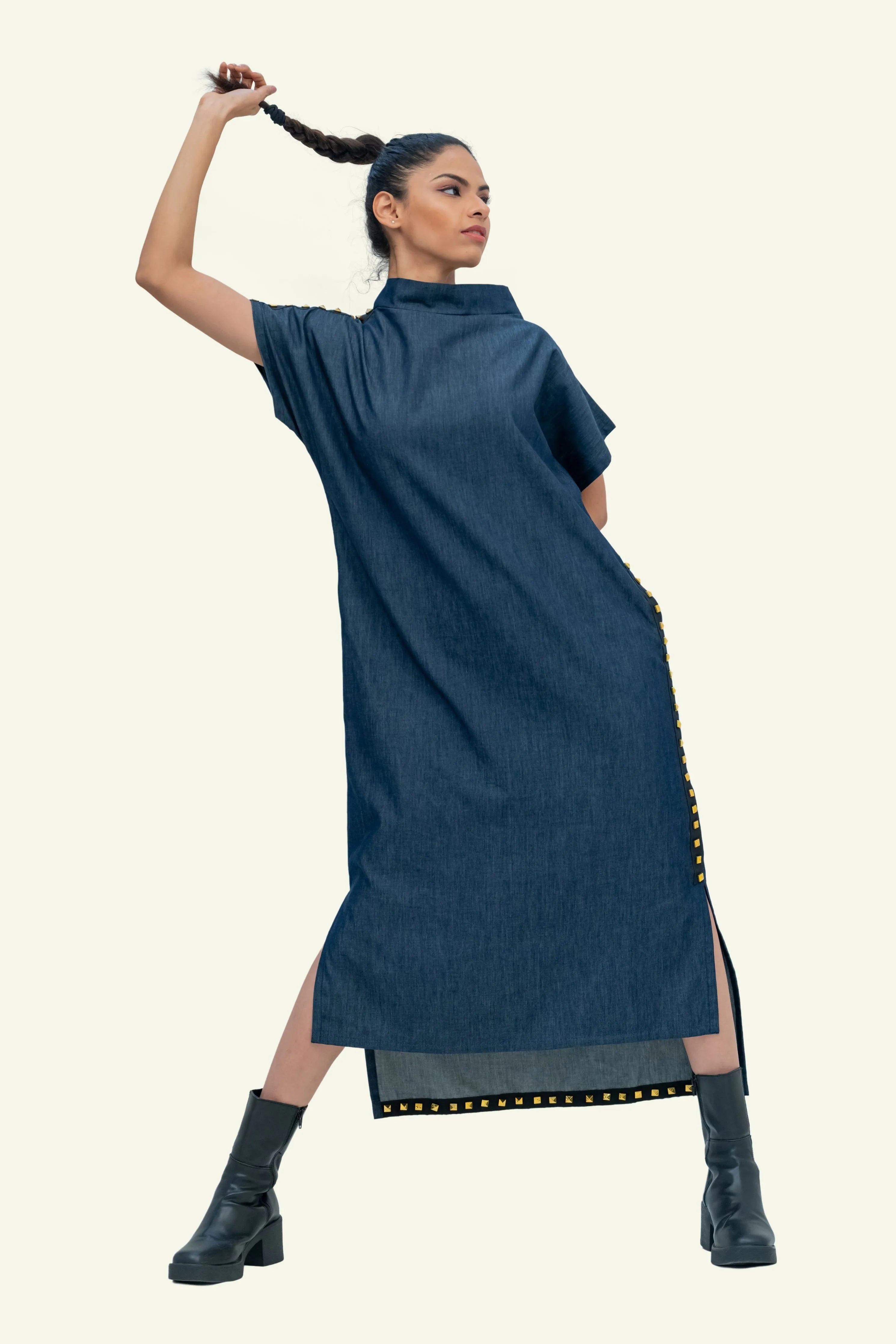 Denim Cotton Midi Dress with Stud Work