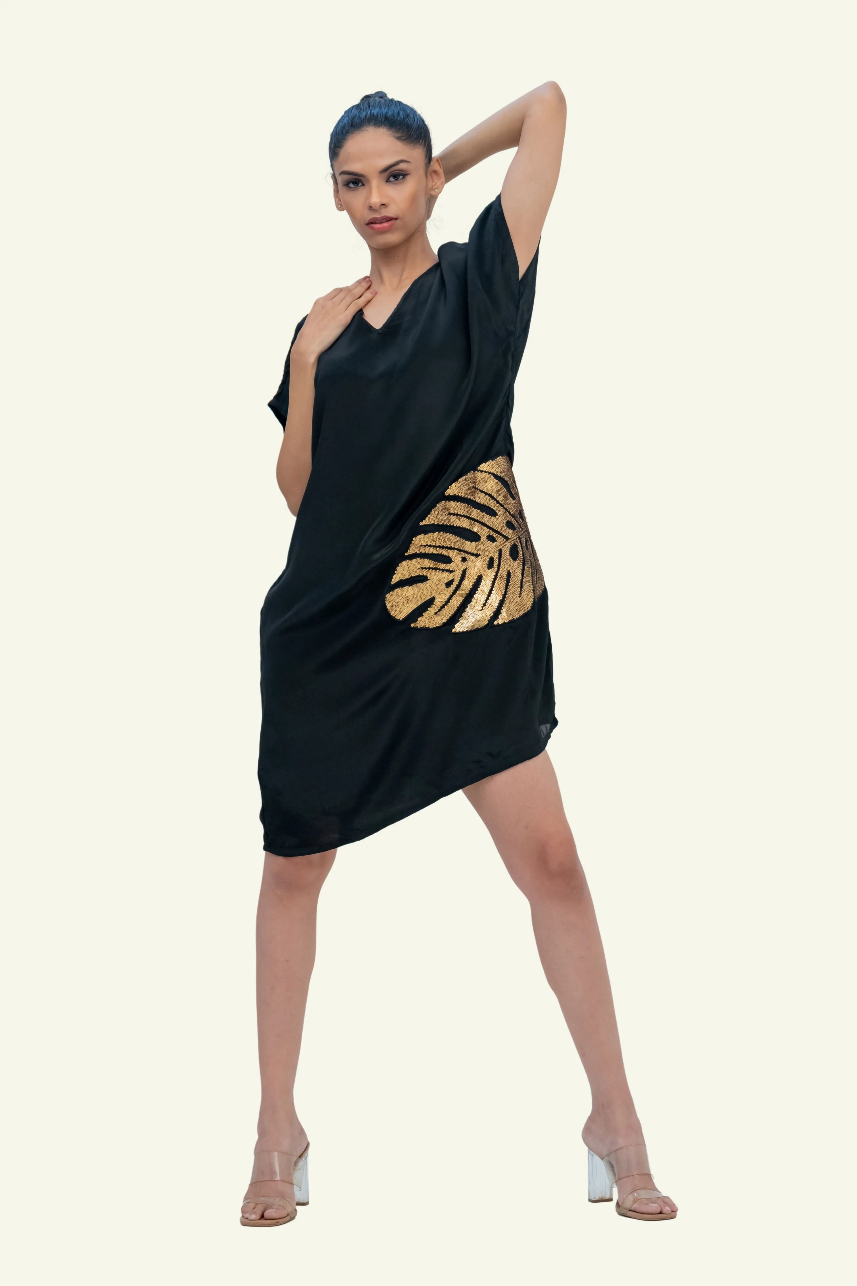 Black Crepe Dress with Dull Gold Embroidery
