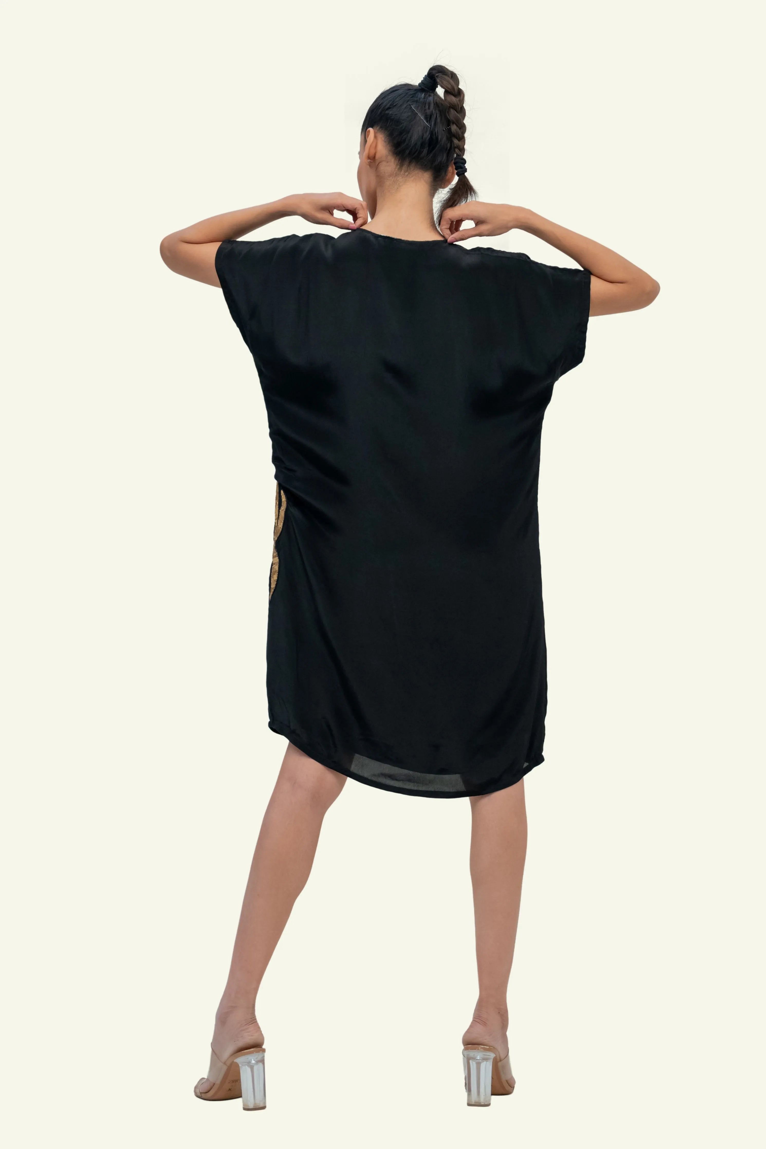Black Crepe Dress with Dull Gold Embroidery