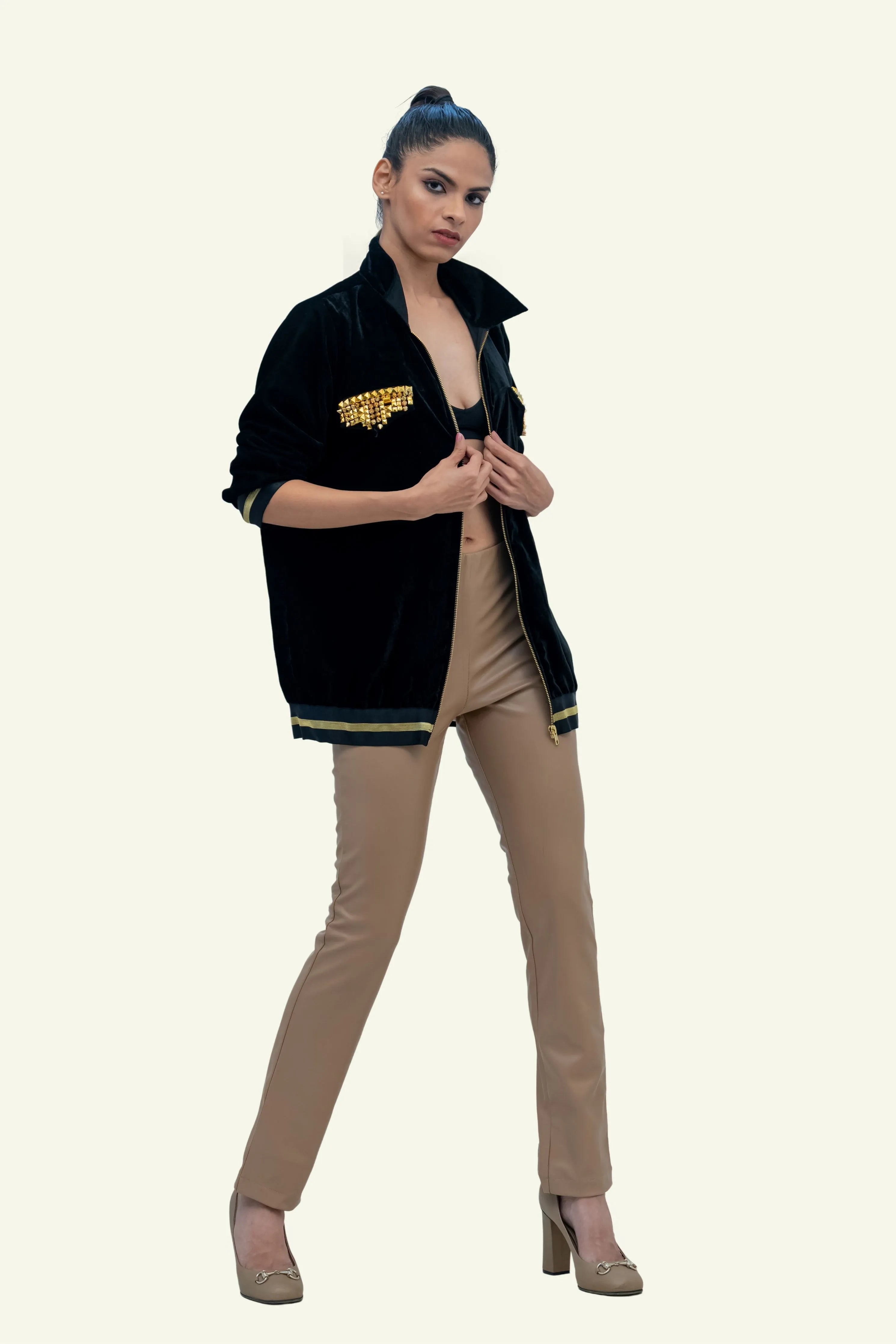 Black Velvet Bomber with Stud Work