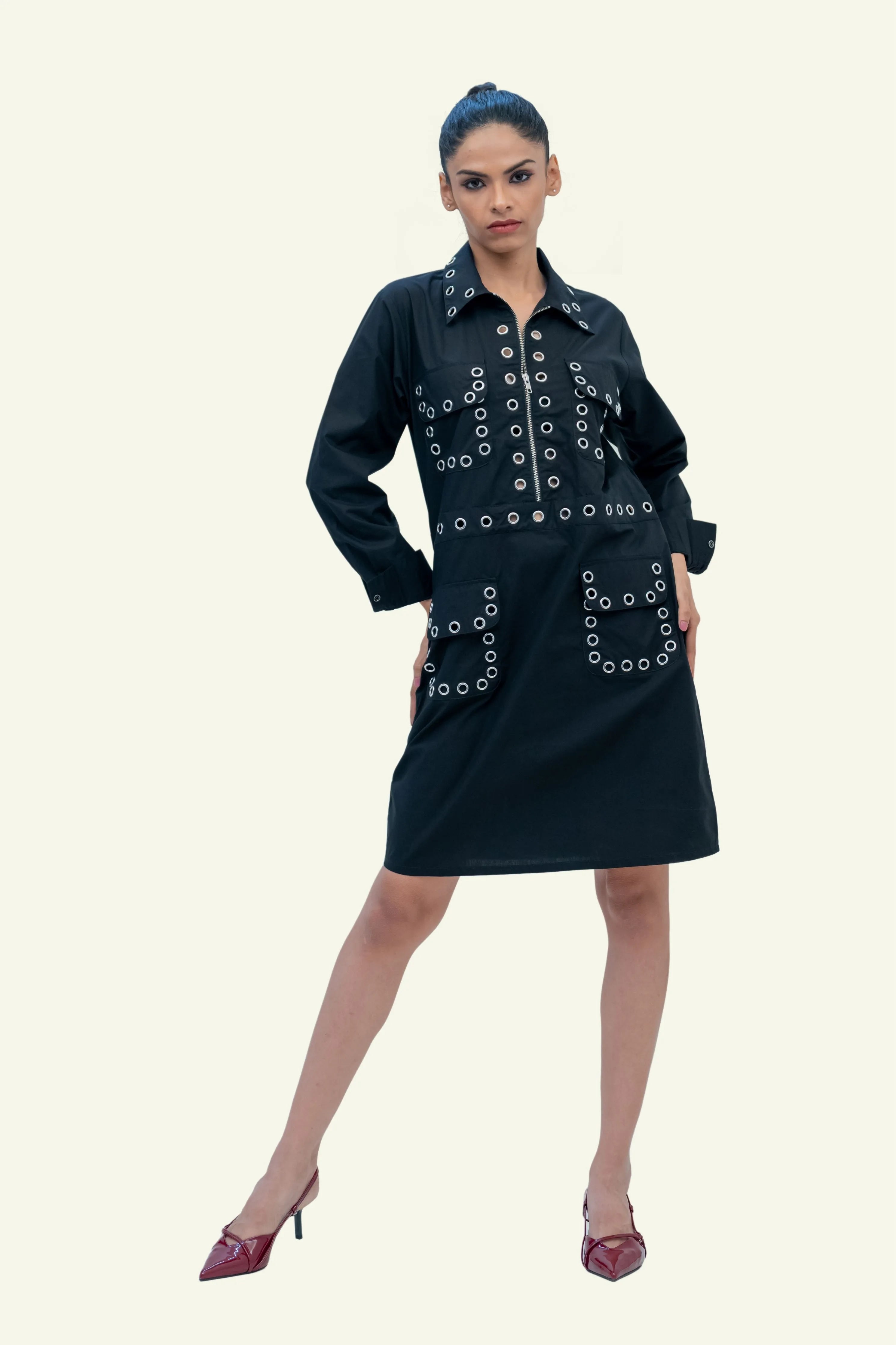 Black Cotton Dress with Eyelets