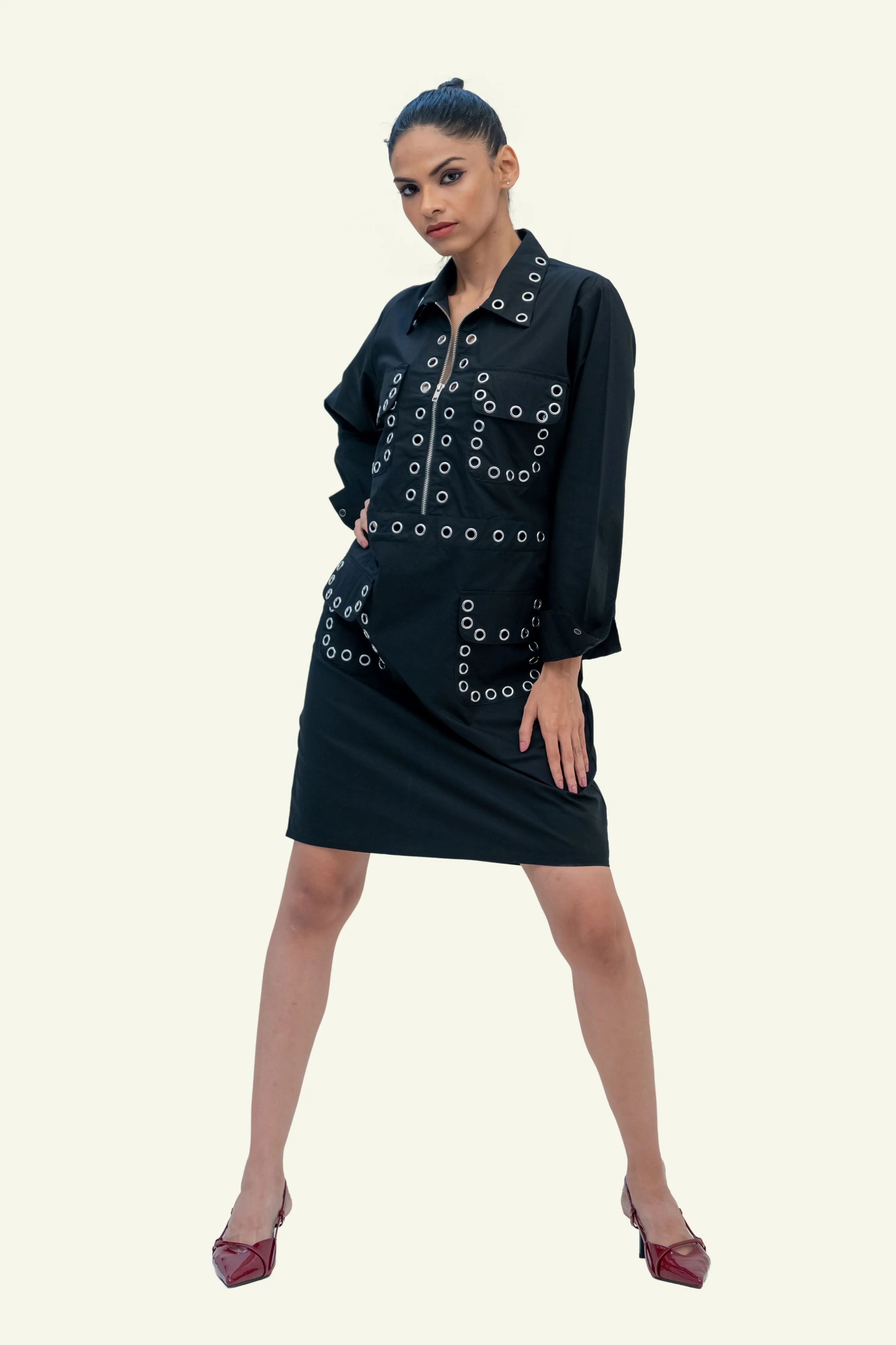Black Cotton Dress with Eyelets