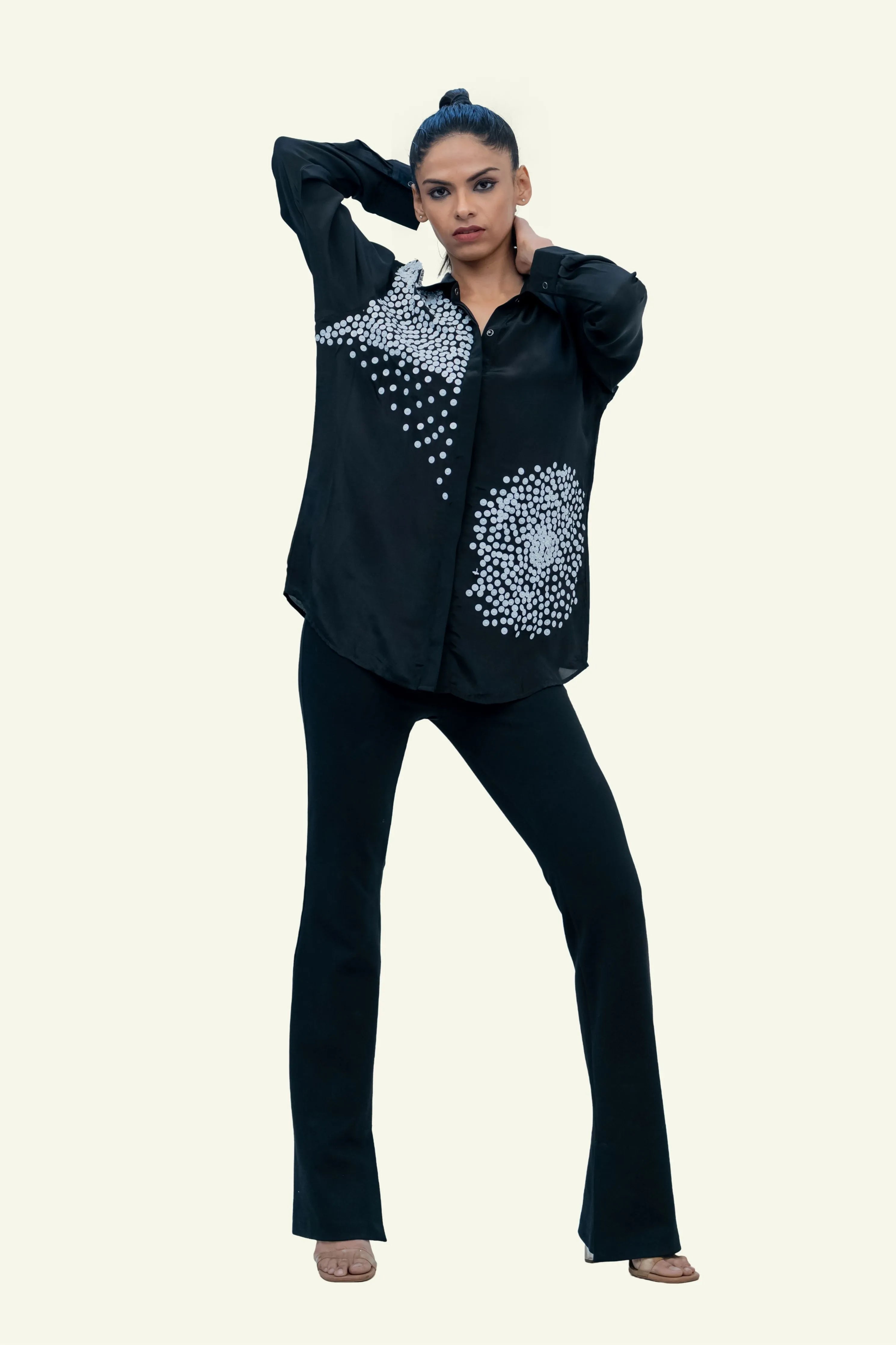 Black Crepe Shirt with Sequin Embroidery