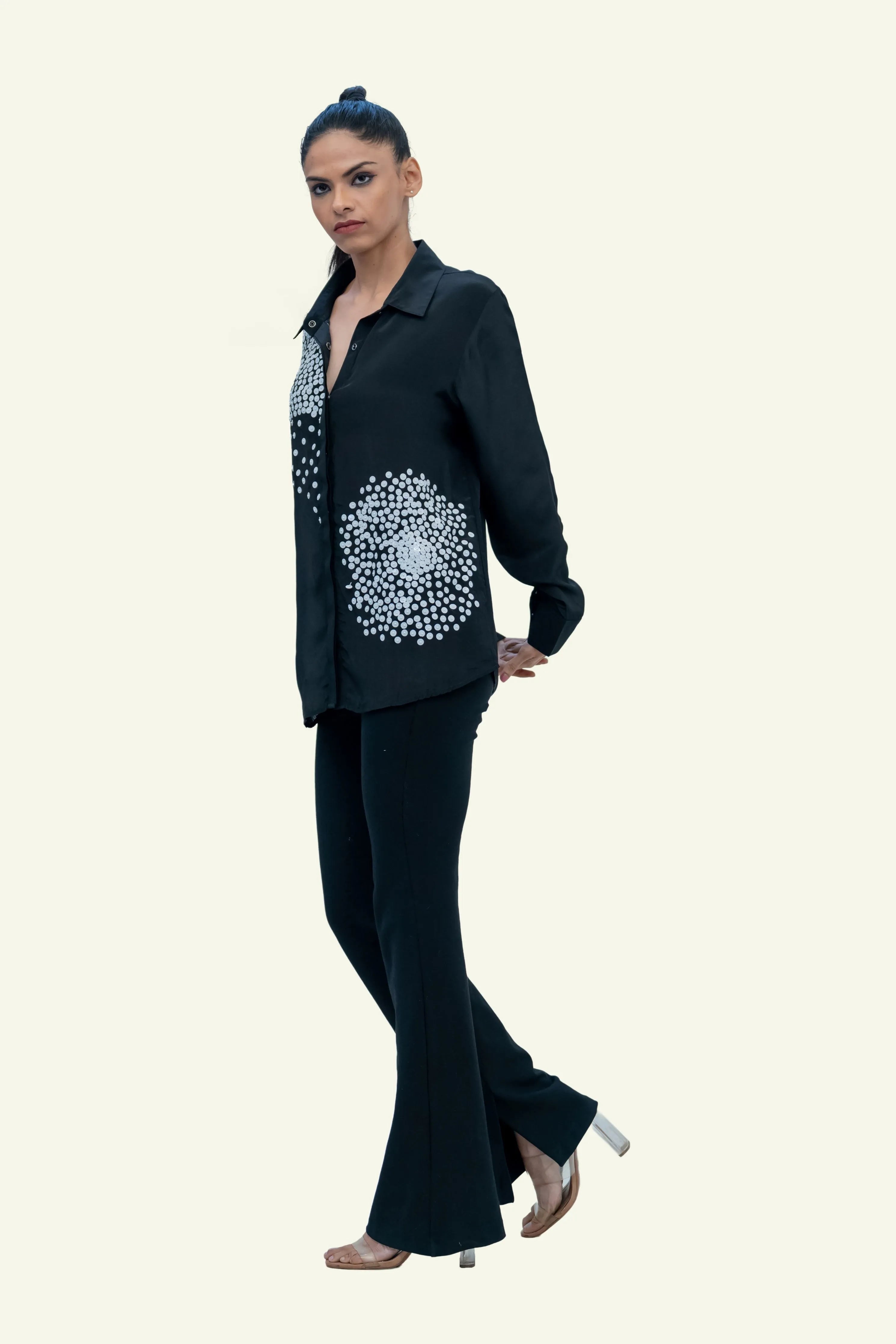 Black Crepe Shirt with Sequin Embroidery