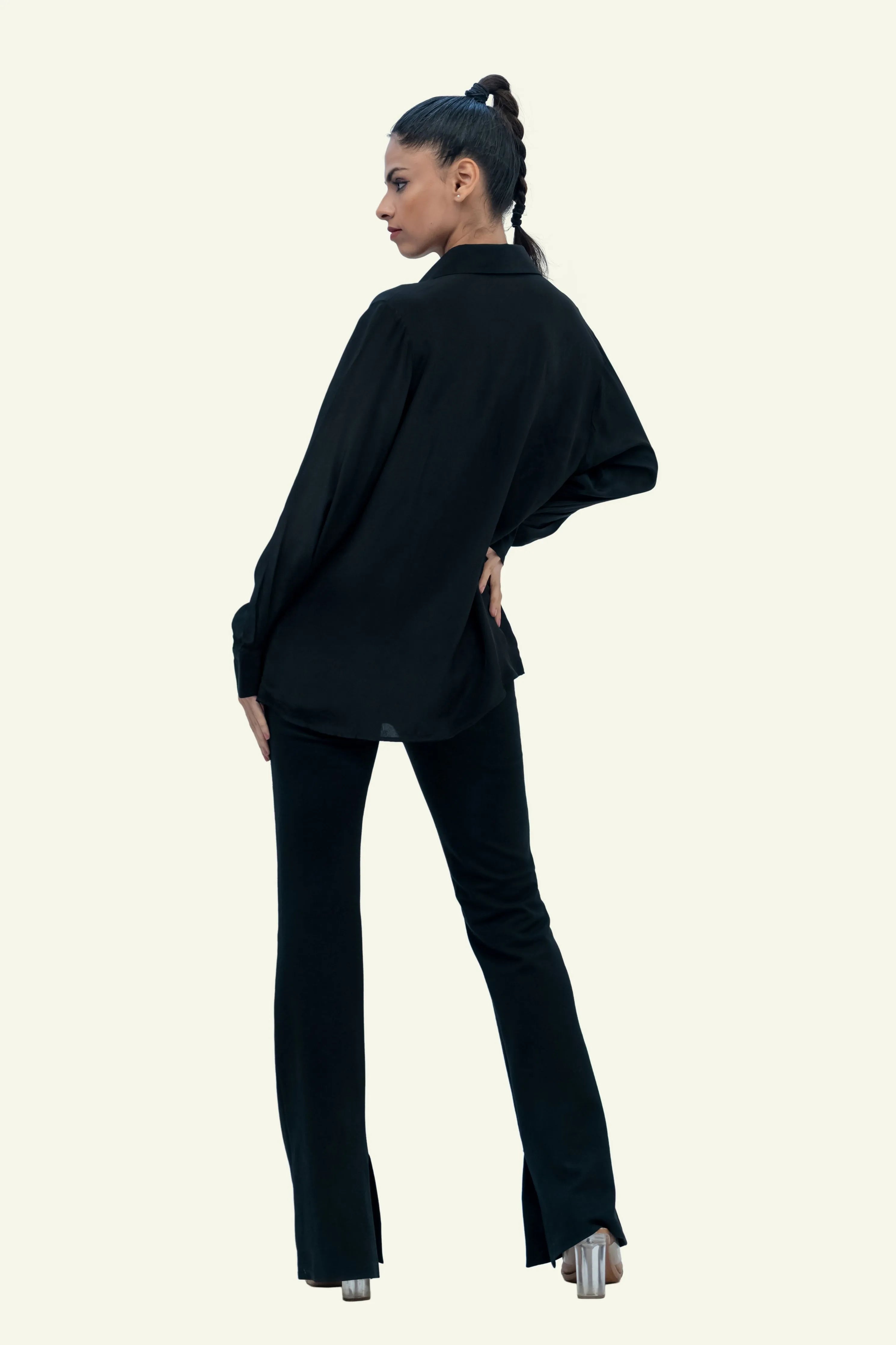 Black Crepe Shirt with Sequin Embroidery