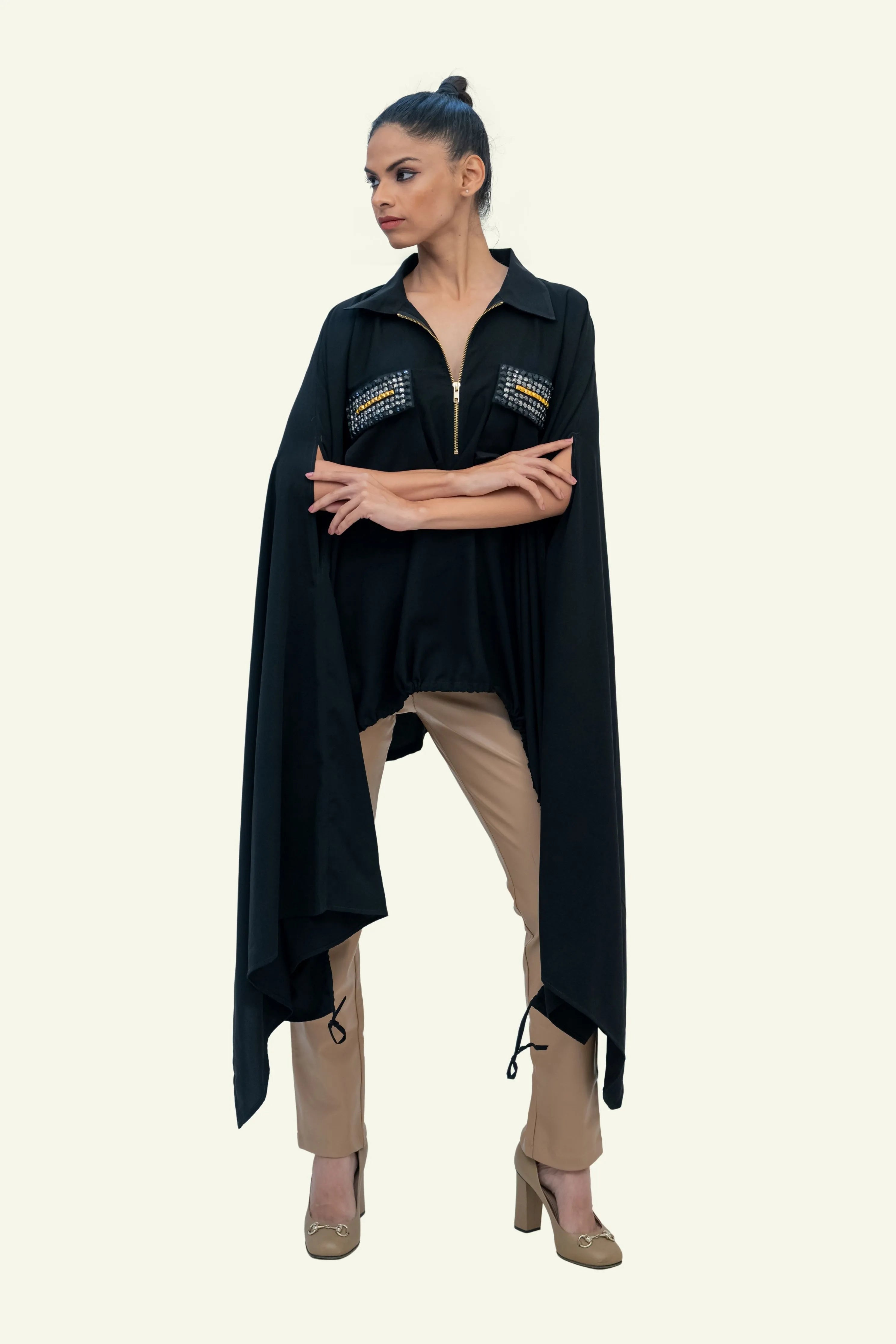 Black Drawstring Cape with Embroidery on Pockets