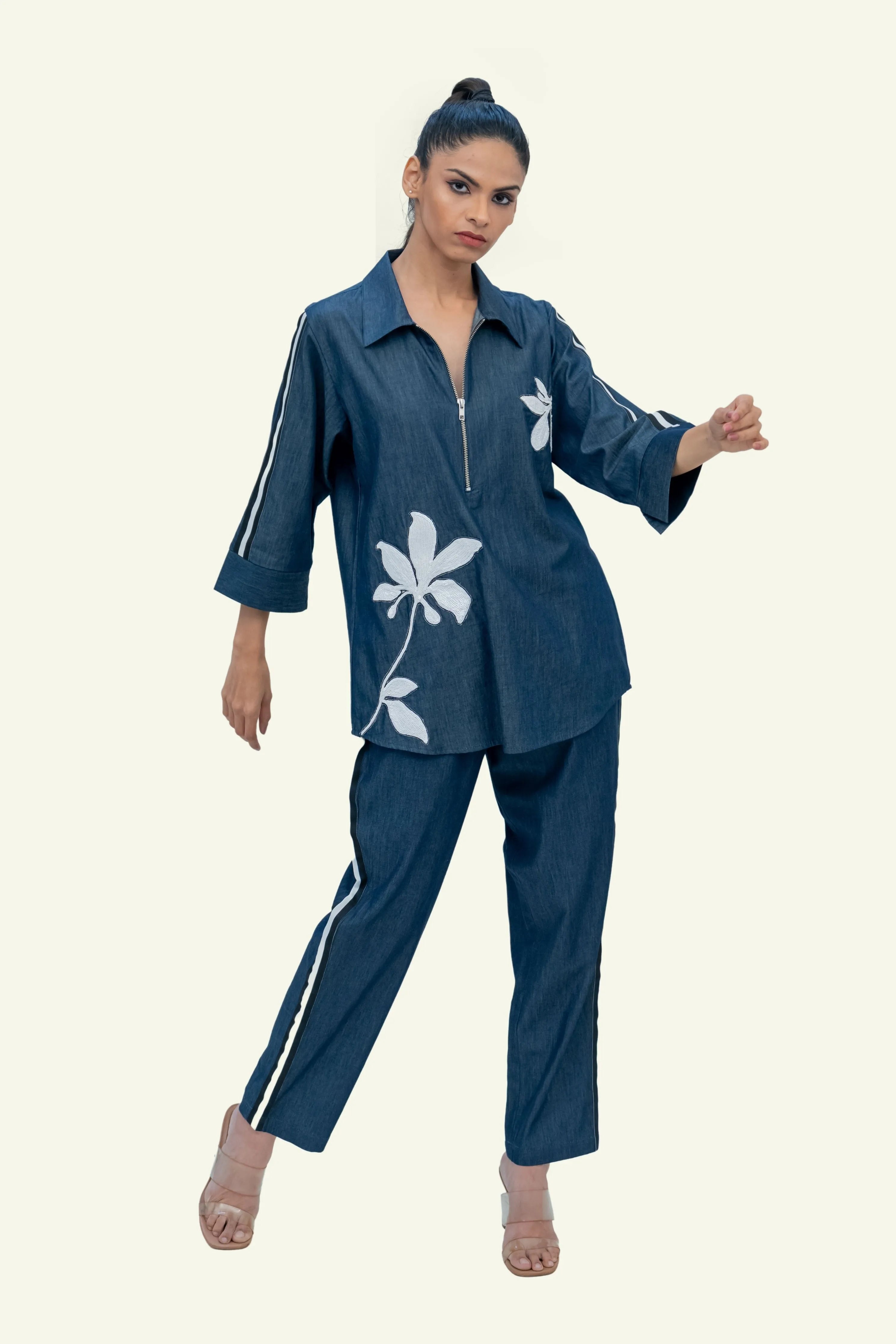 Blue Denim Cotton Shirt with Embroidery