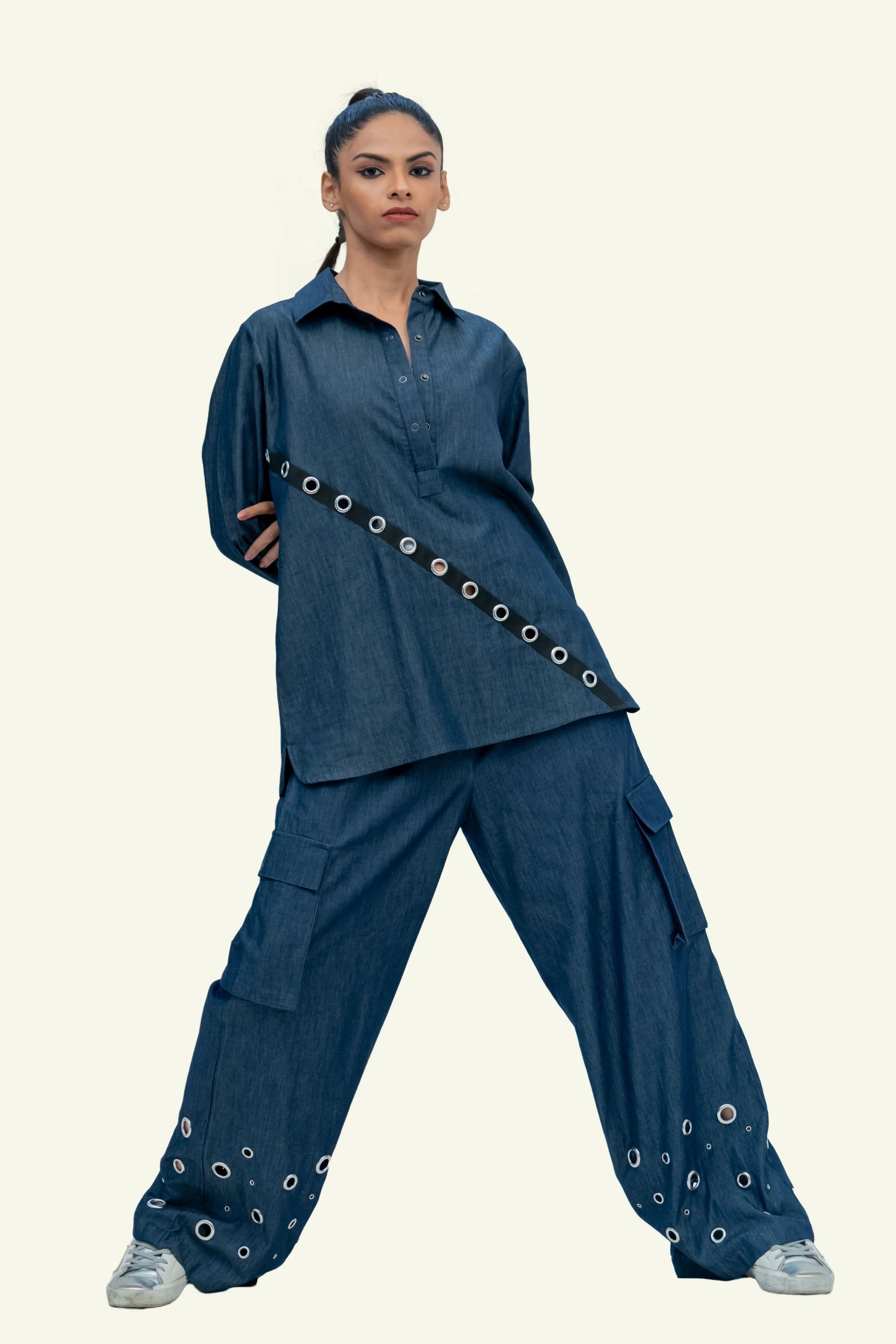 Blue Denim Cotton Shirt and Cargo Pants Co-ord Set with Eyelets