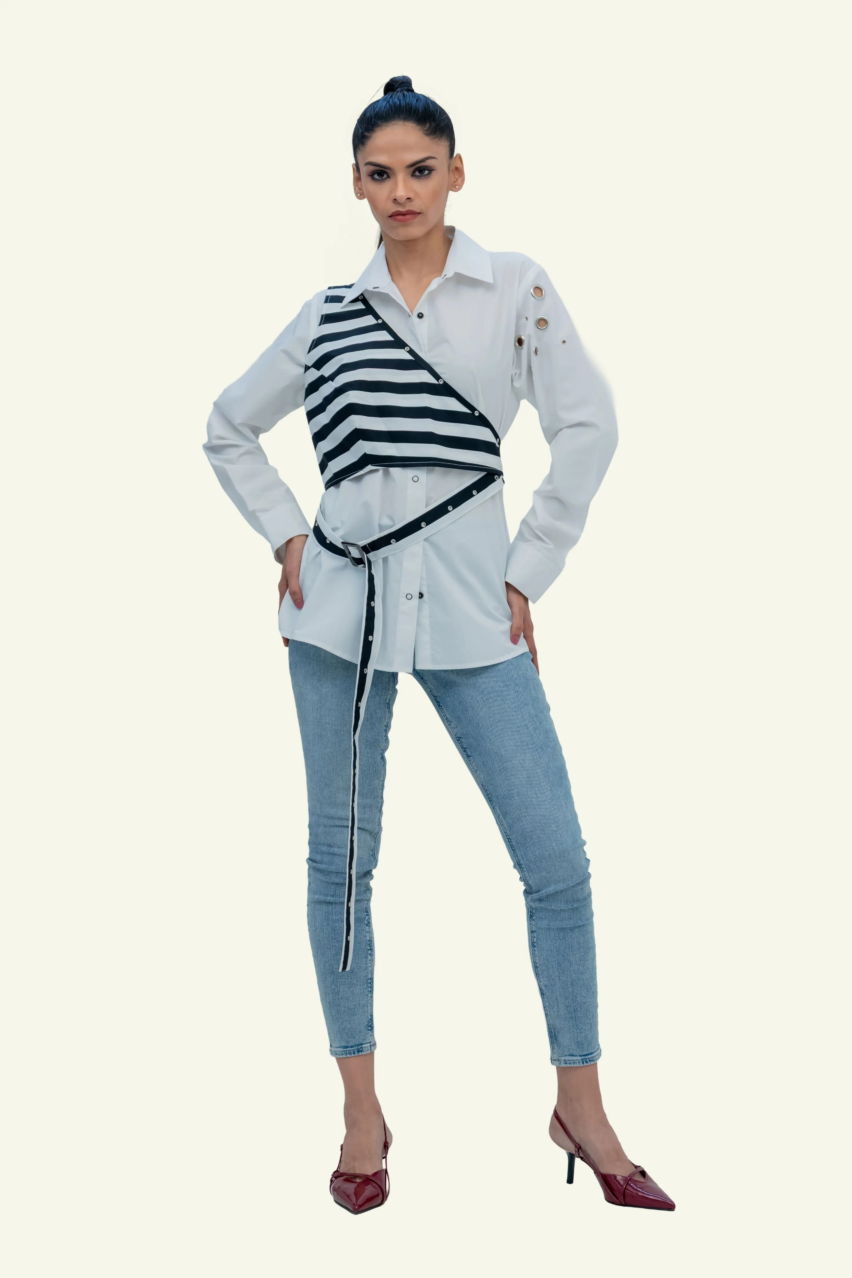 White Cotton Shirt with Stripped Vest