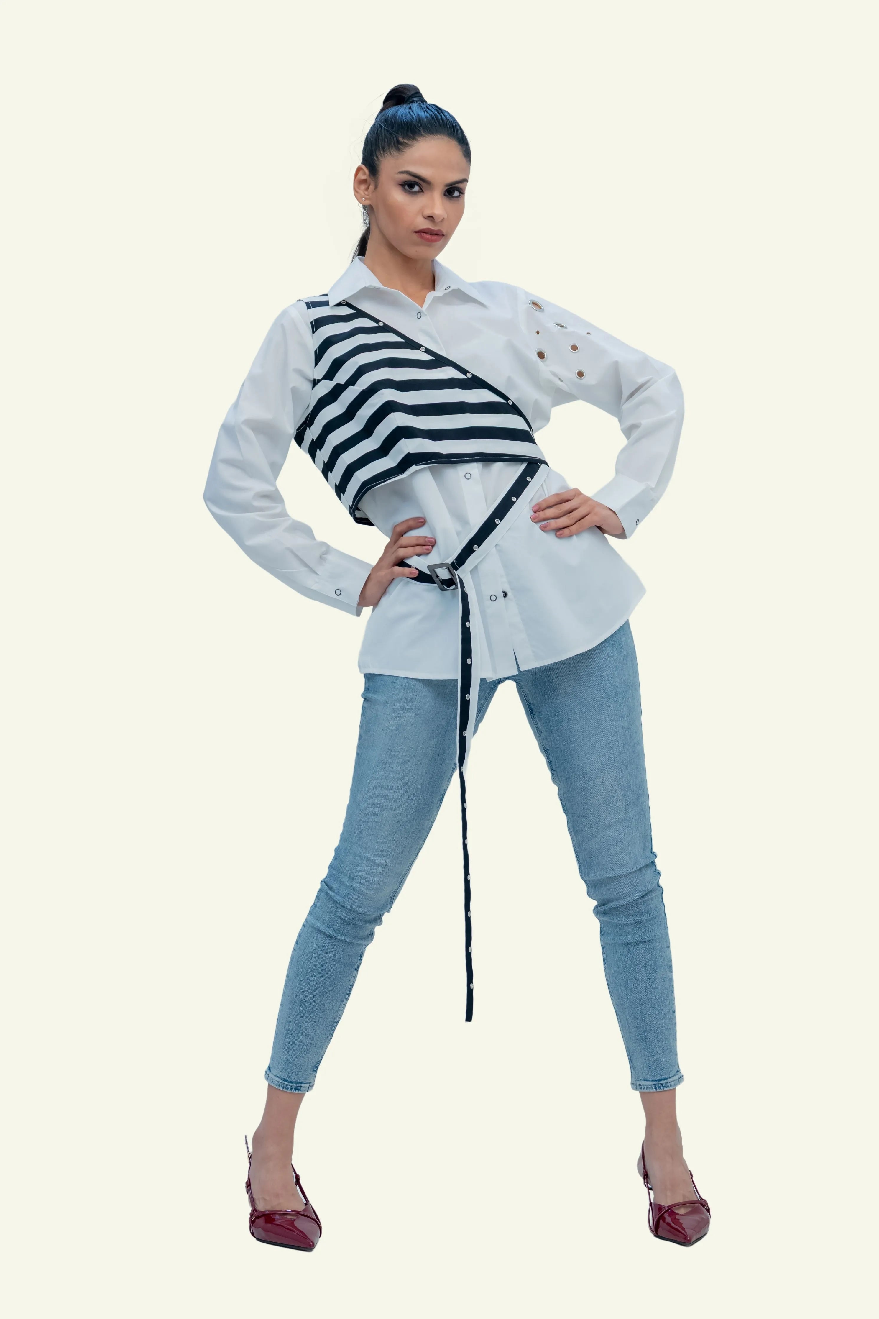 White Cotton Shirt with Stripped Vest