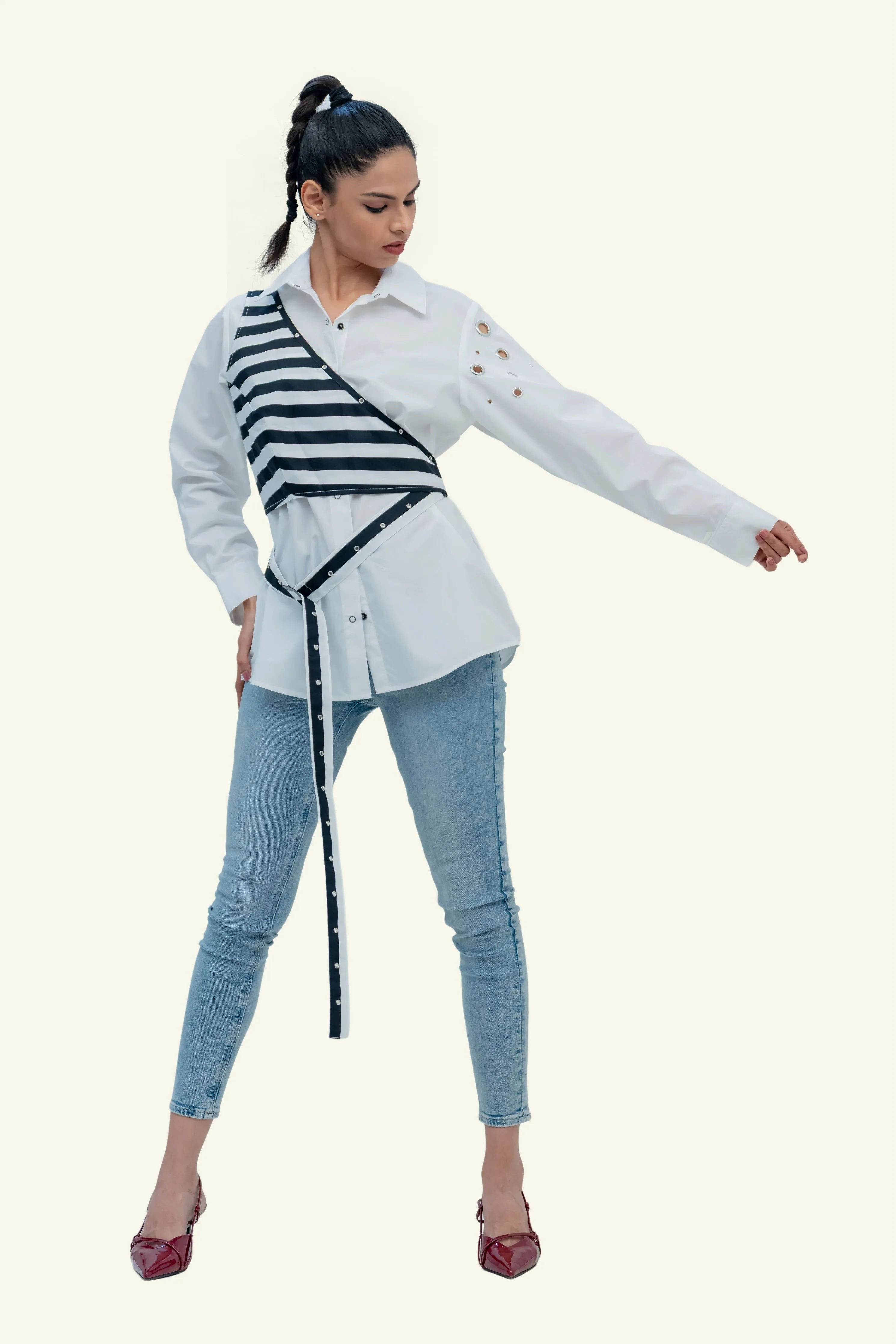 White Cotton Shirt with Stripped Vest
