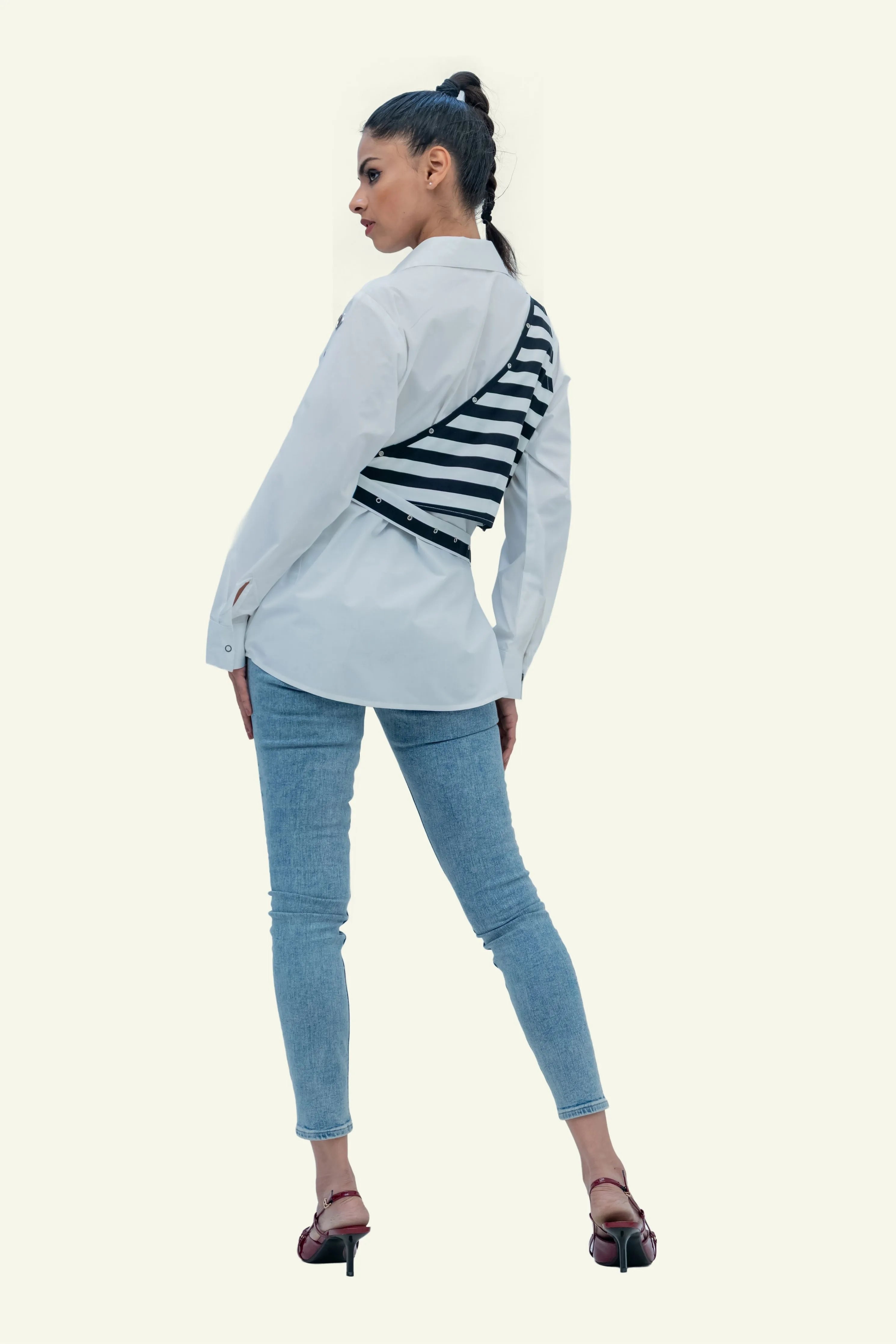 White Cotton Shirt with Stripped Vest