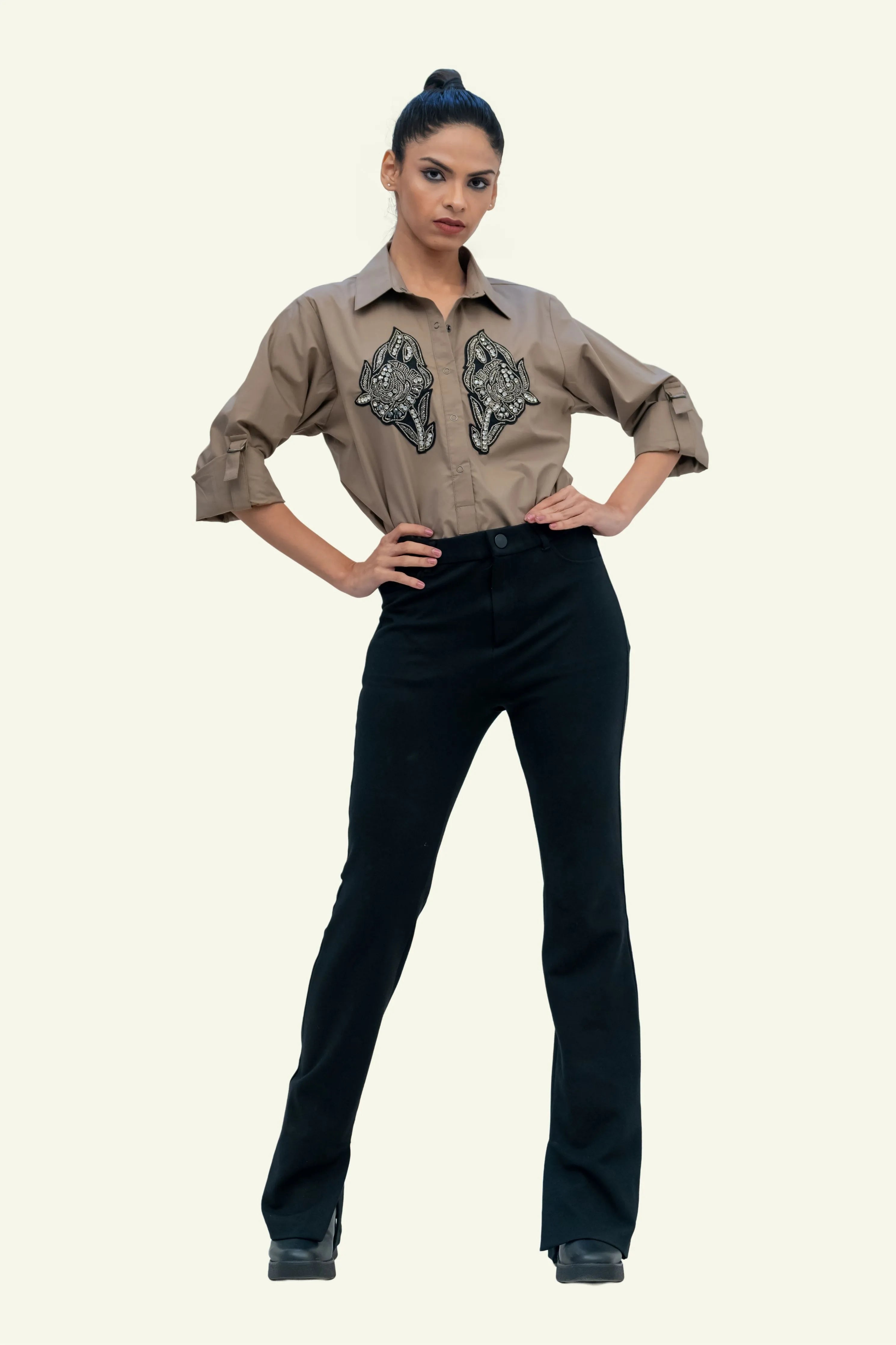 Brown Cotton Shirt with Embroidery