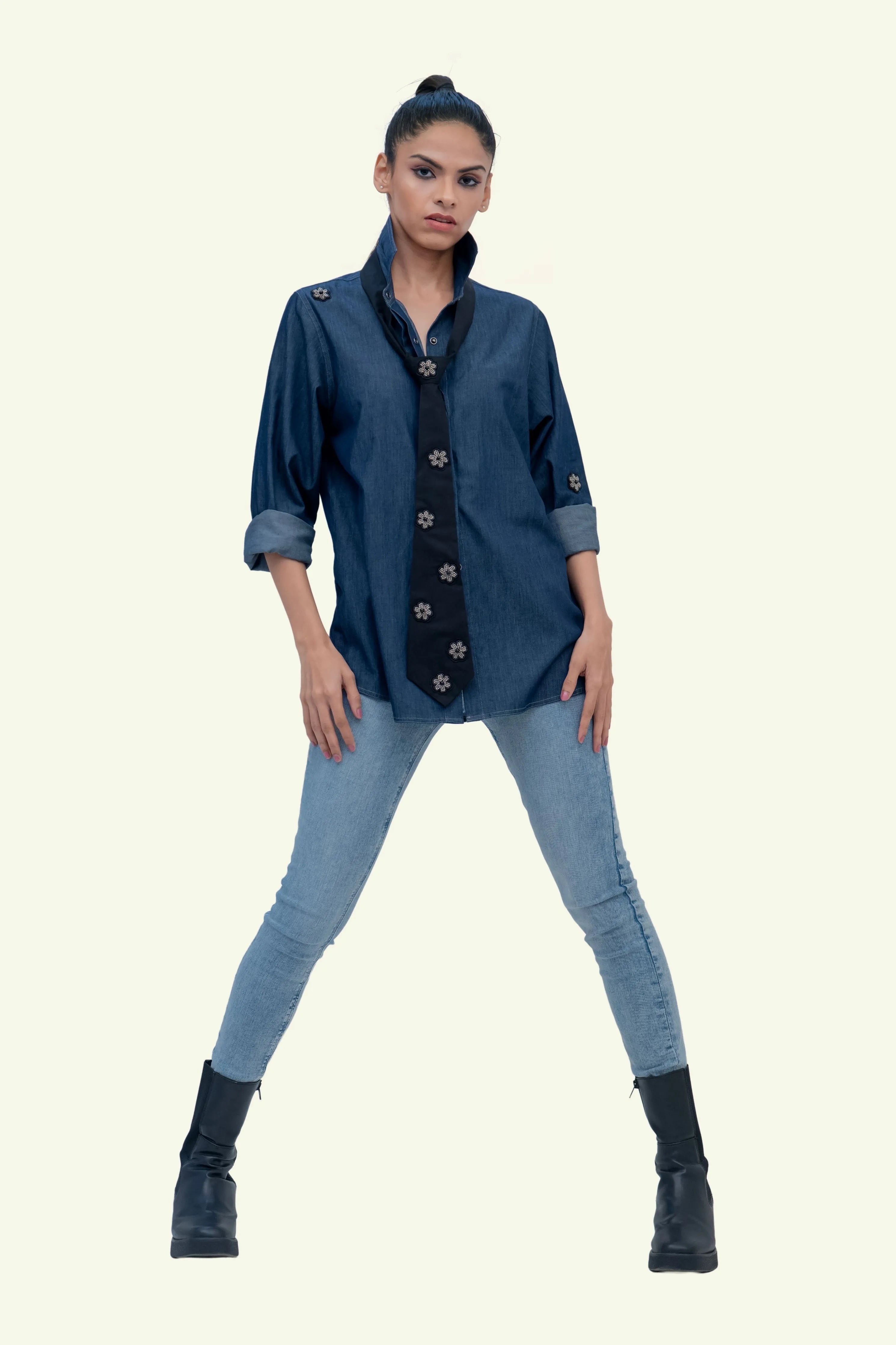 Denim Cotton Shirt with Black Cotton Tie